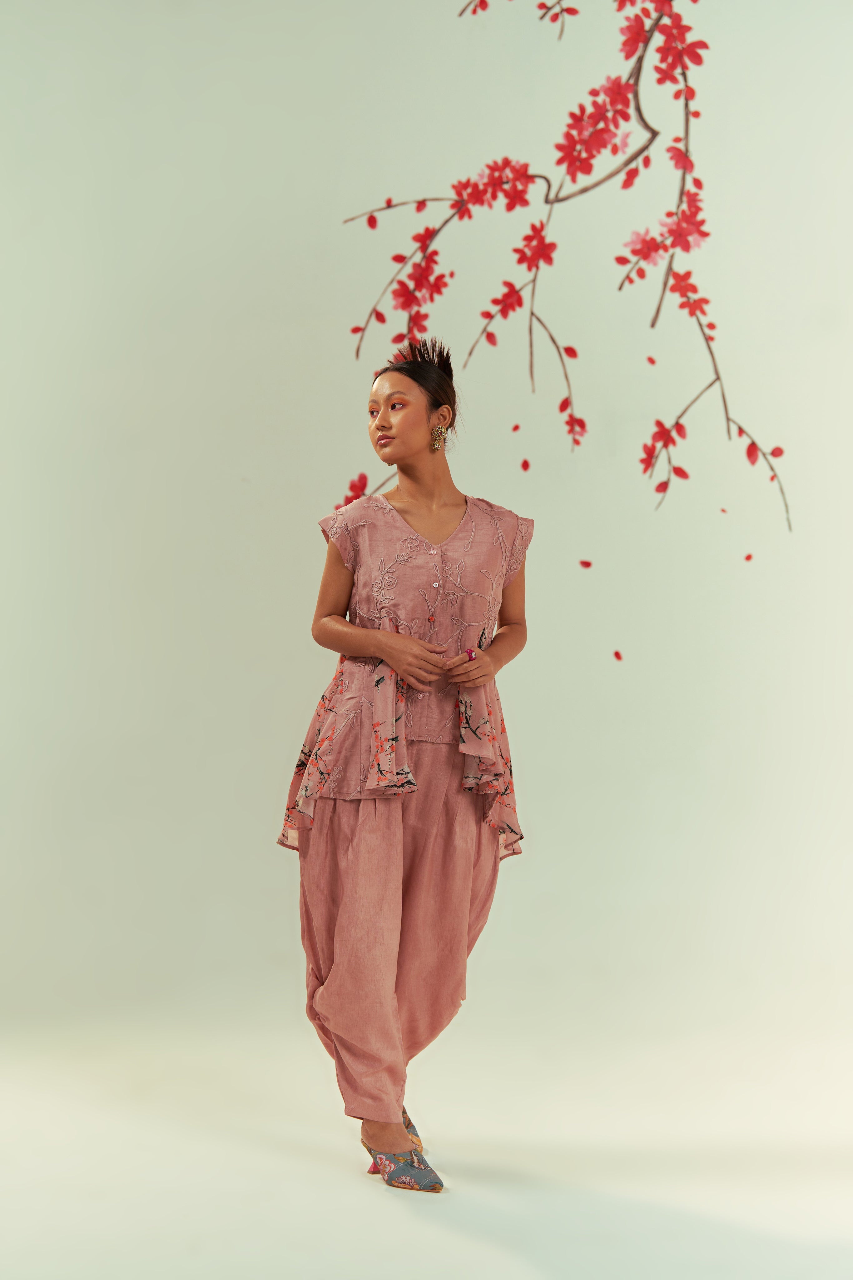 Mizu Peach Top With Geylu Harem Pants Co-ord Set