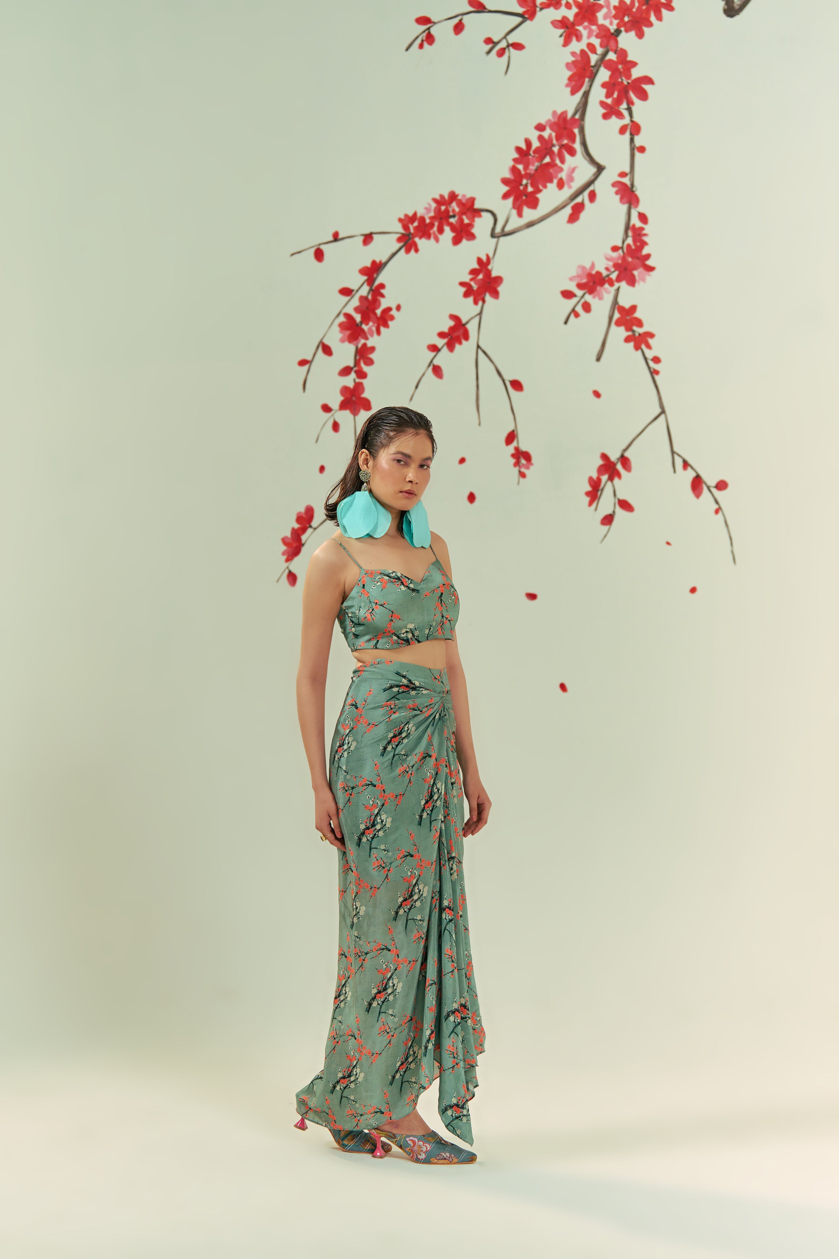 Kaze Embroidered Blazer With Printed Bustier And Skirt Co-ord Set