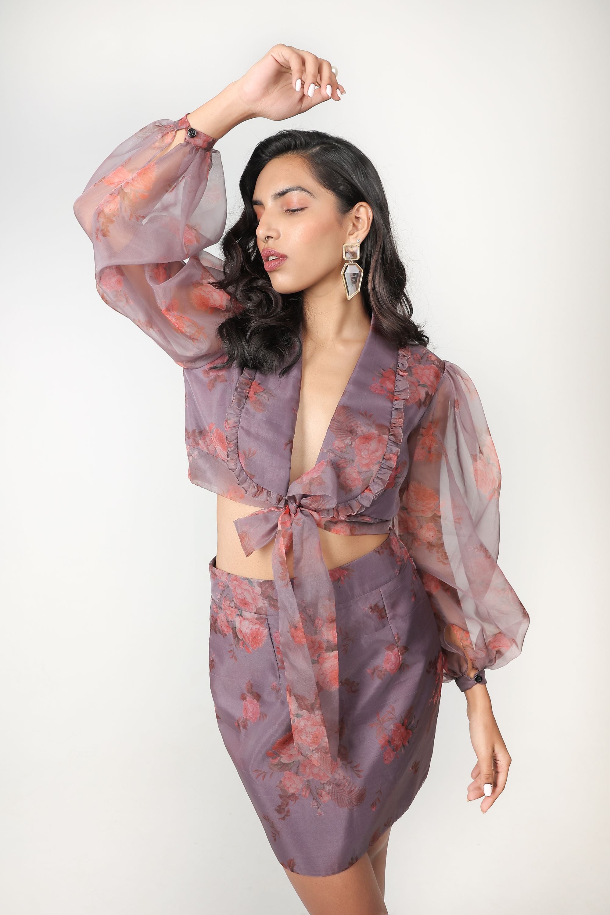 Wine organza Ruffled Skirt set