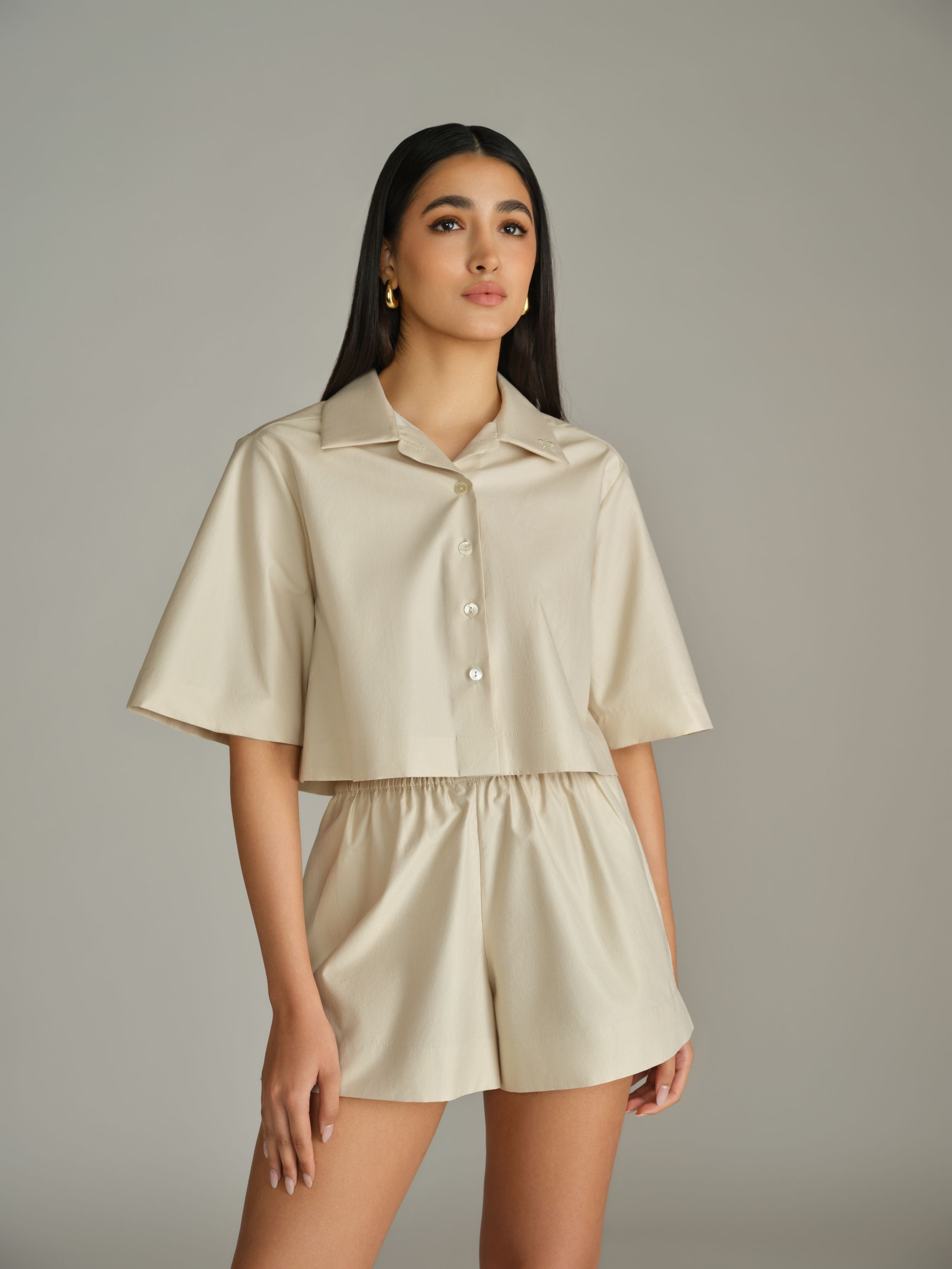 Fawn Egyptian Cotton Cropped Bowling Shirt