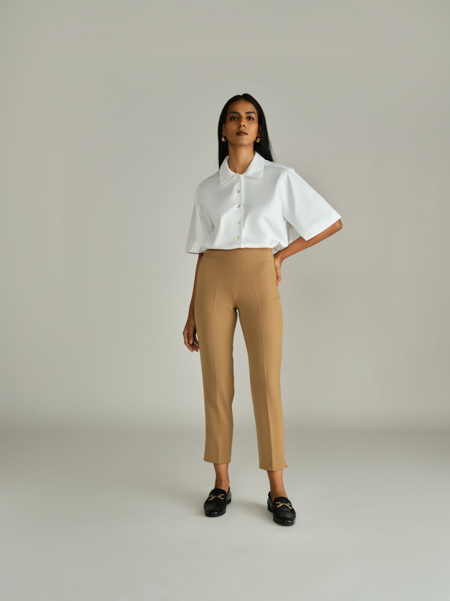 Camel Stretch Suiting Cigarette Trousers