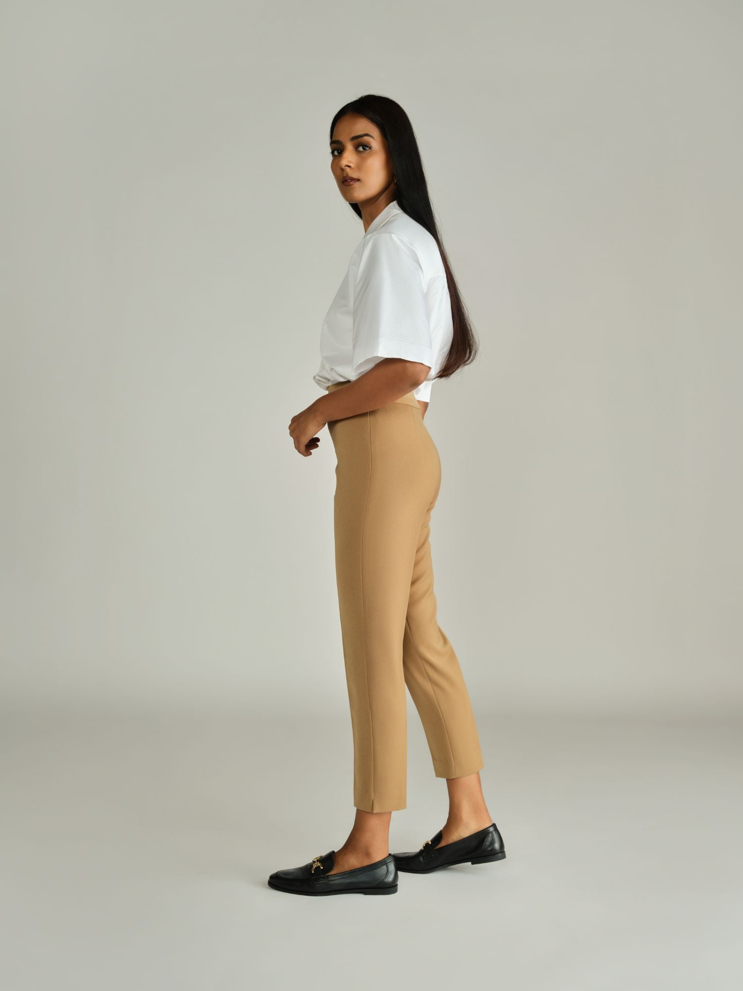 Camel Stretch Suiting Cigarette Trousers