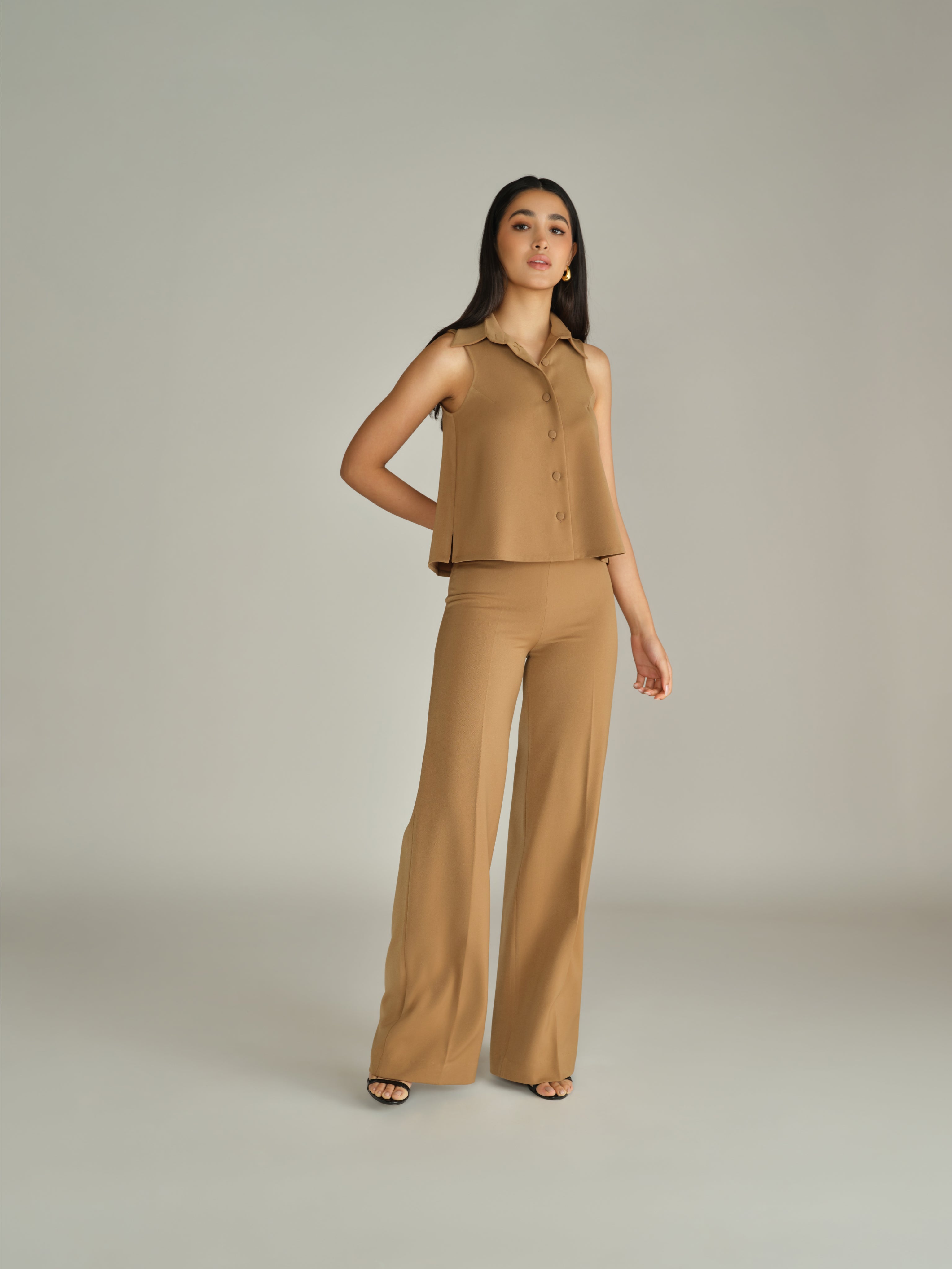 Camel Stretch Suiting Sleeveless Top