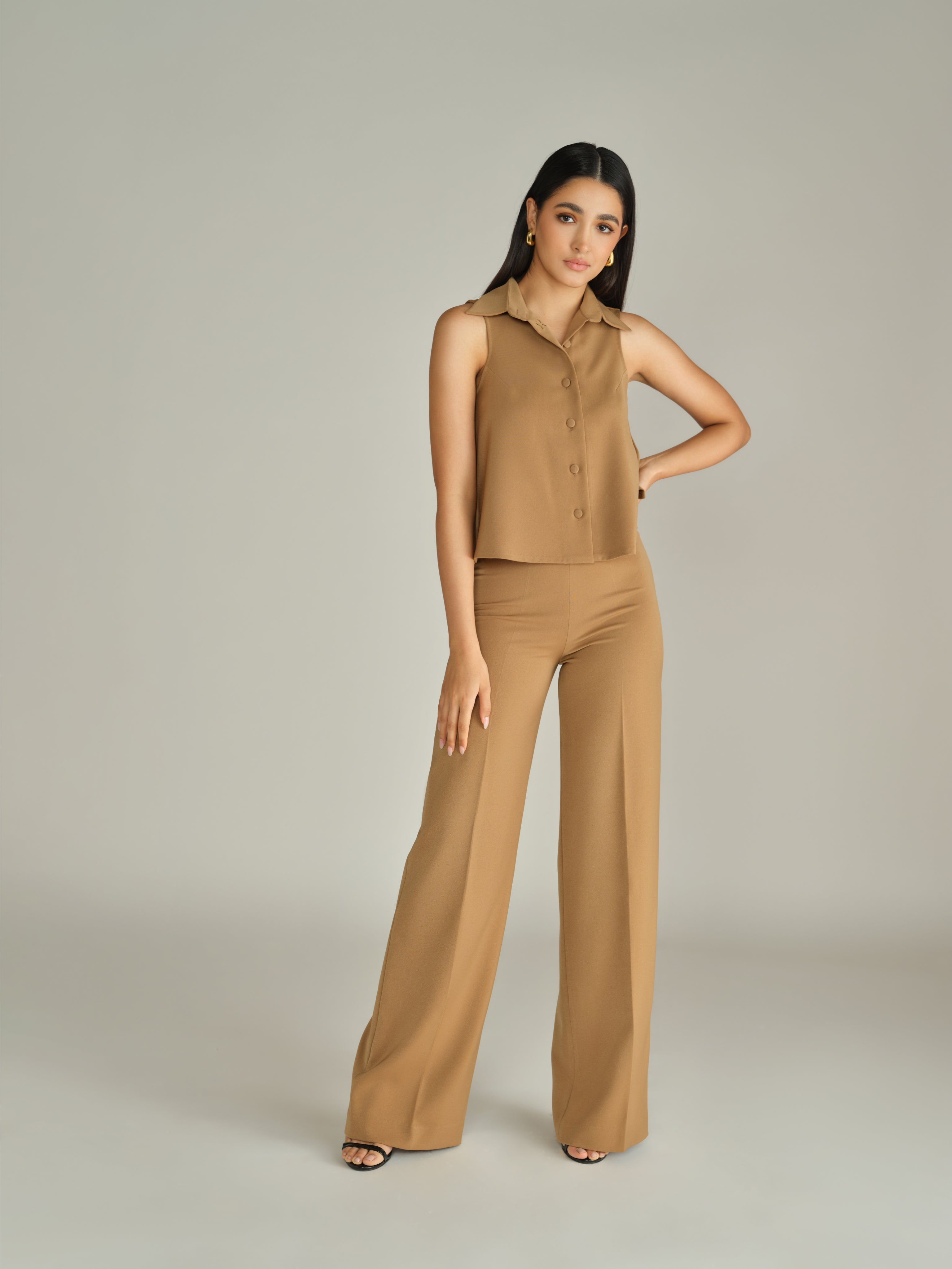 Camel Stretch Suiting Sleeveless Top