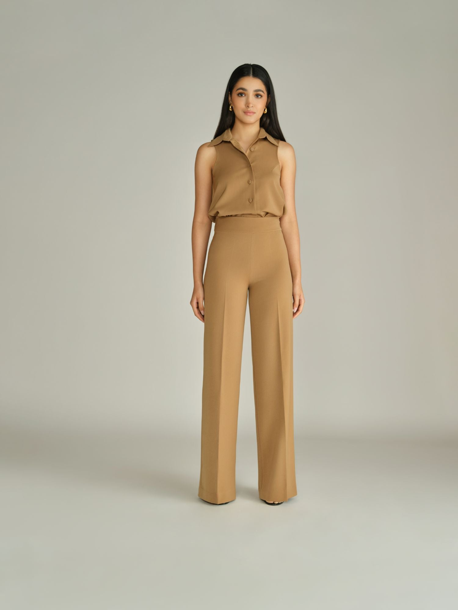 Camel Stretch Suiting Wide-Leg Trousers