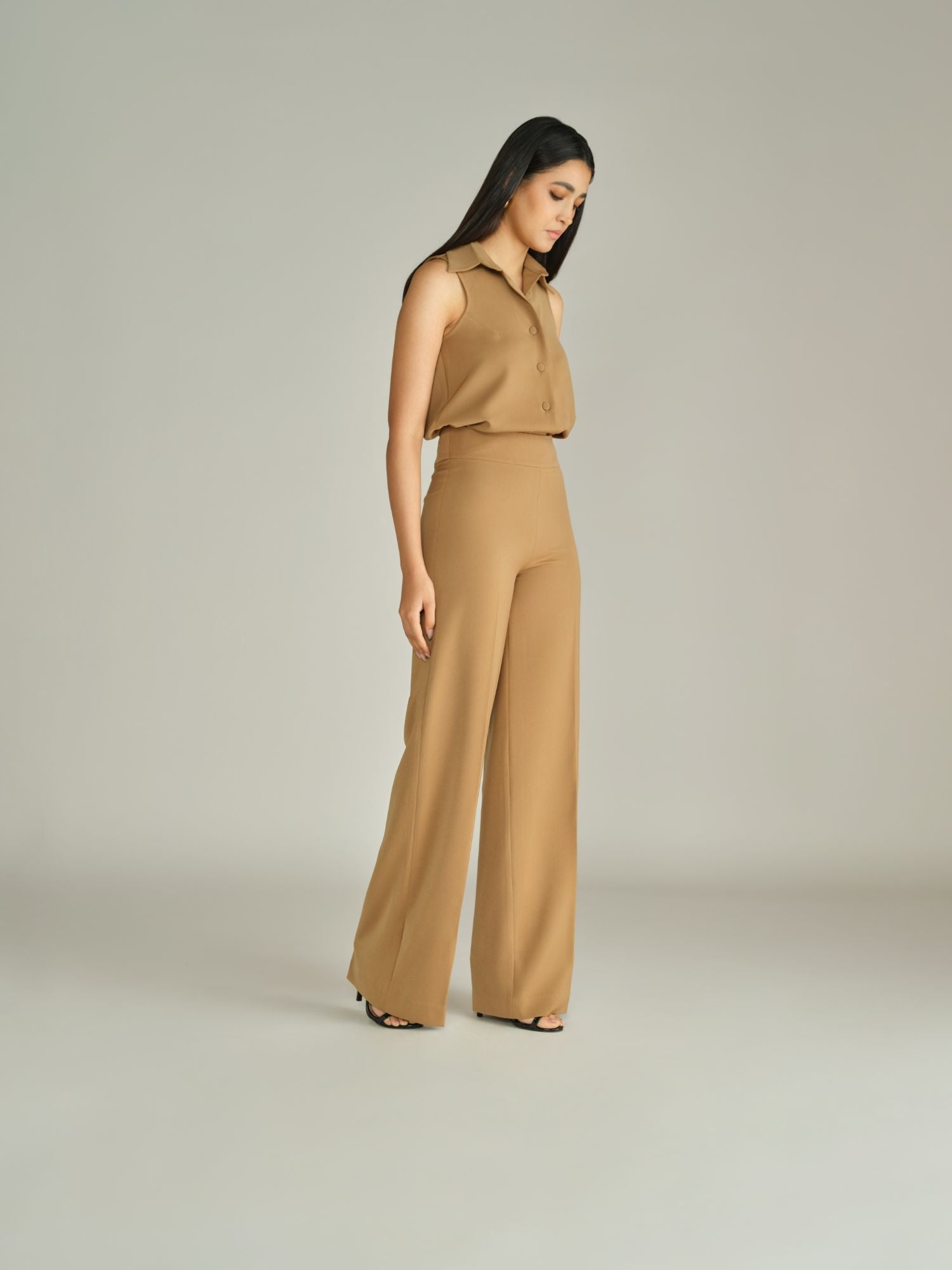 Camel Stretch Suiting Wide-Leg Trousers