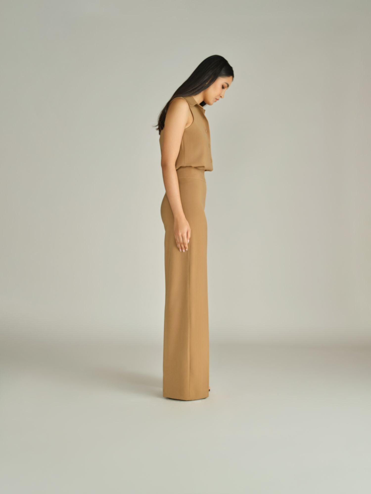 Camel Stretch Suiting Wide-Leg Trousers