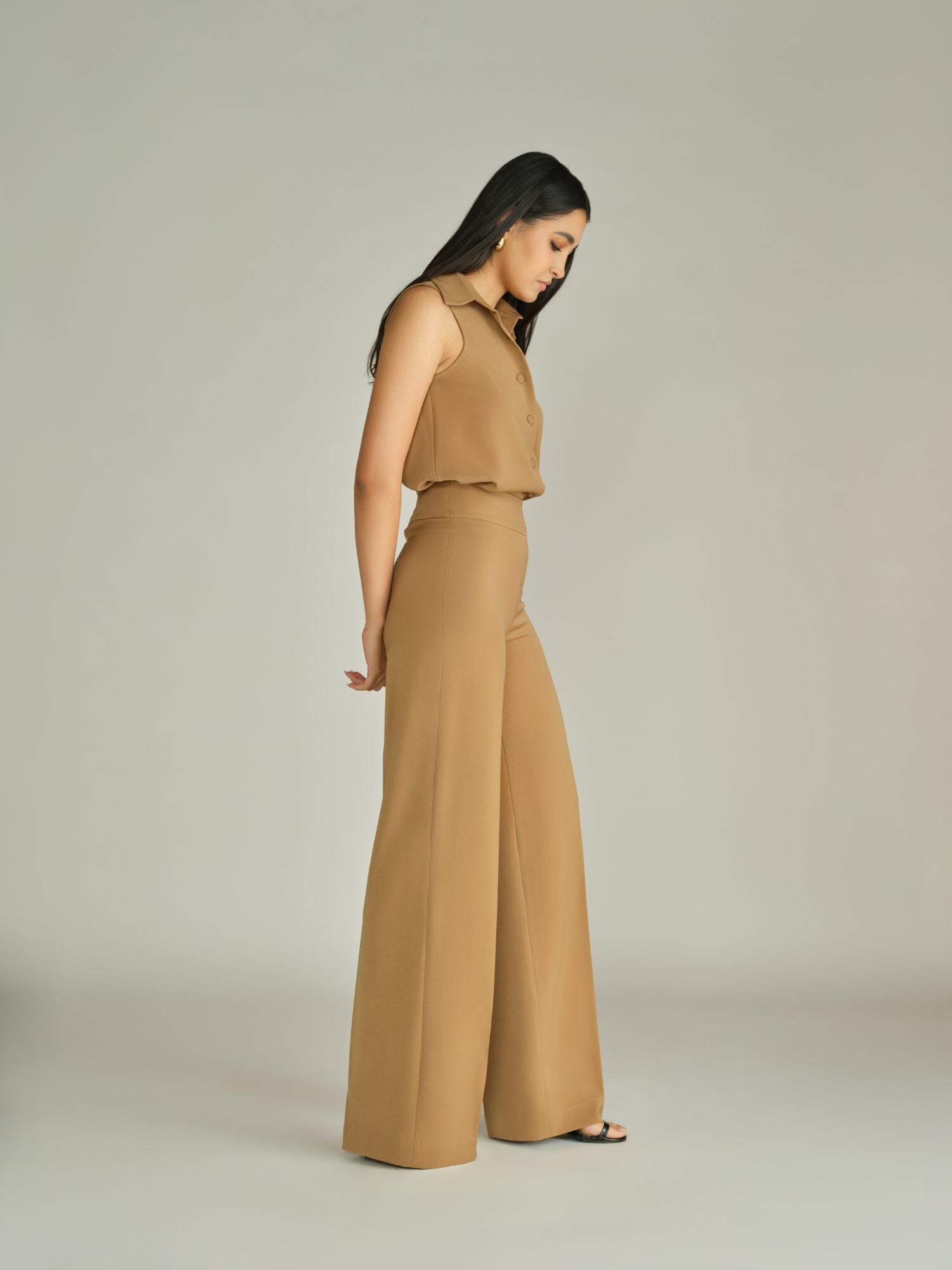 Camel Stretch Suiting Wide-Leg Trousers