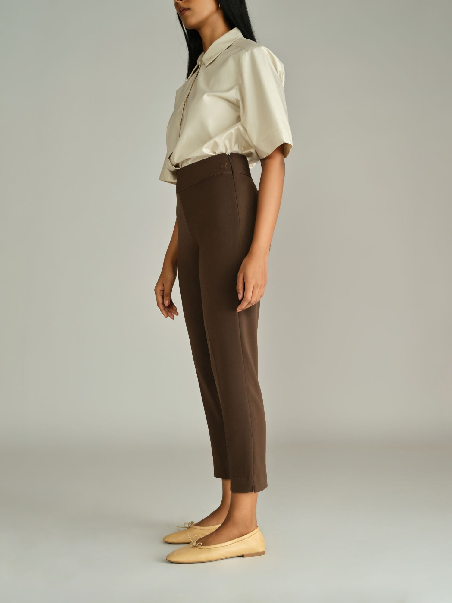 Chocolate Brown Stretch Suiting Cigarette Trousers