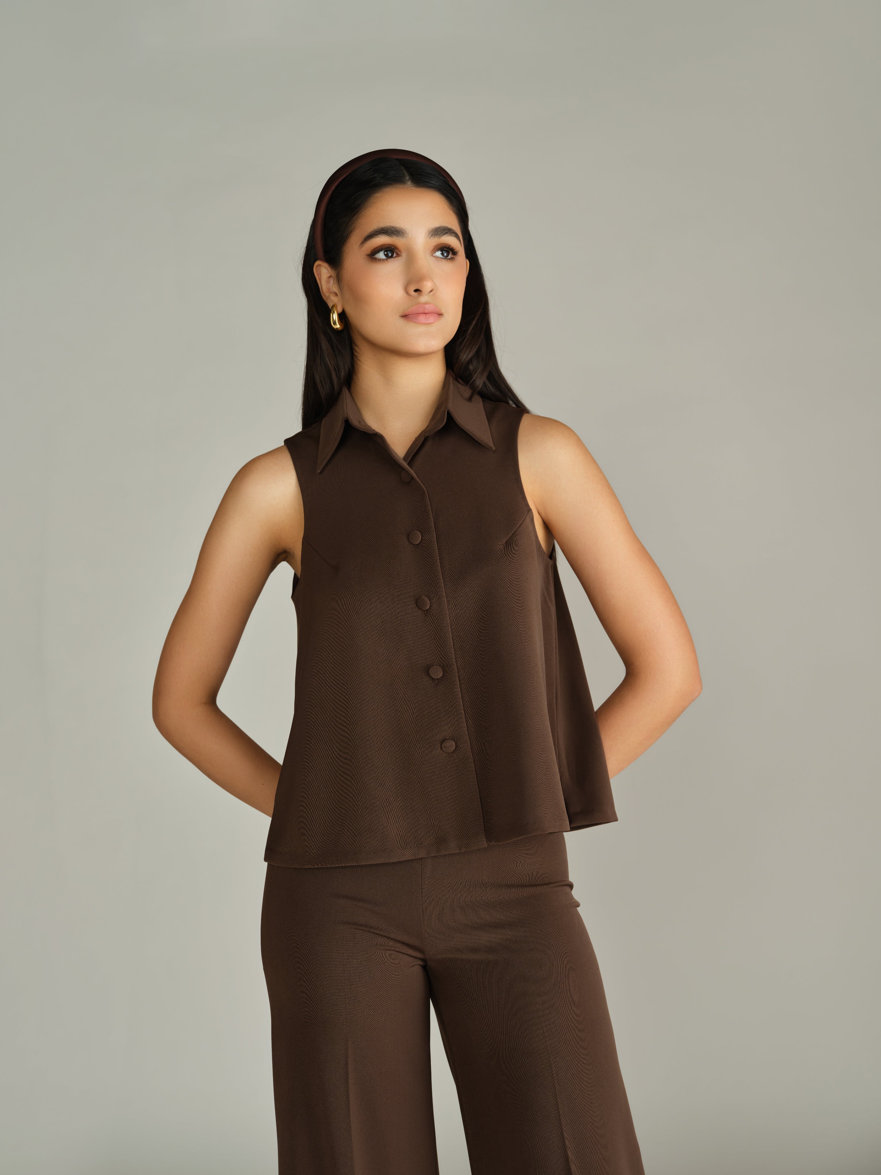 Chocolate Brown Stretch Suiting Sleeveless Top