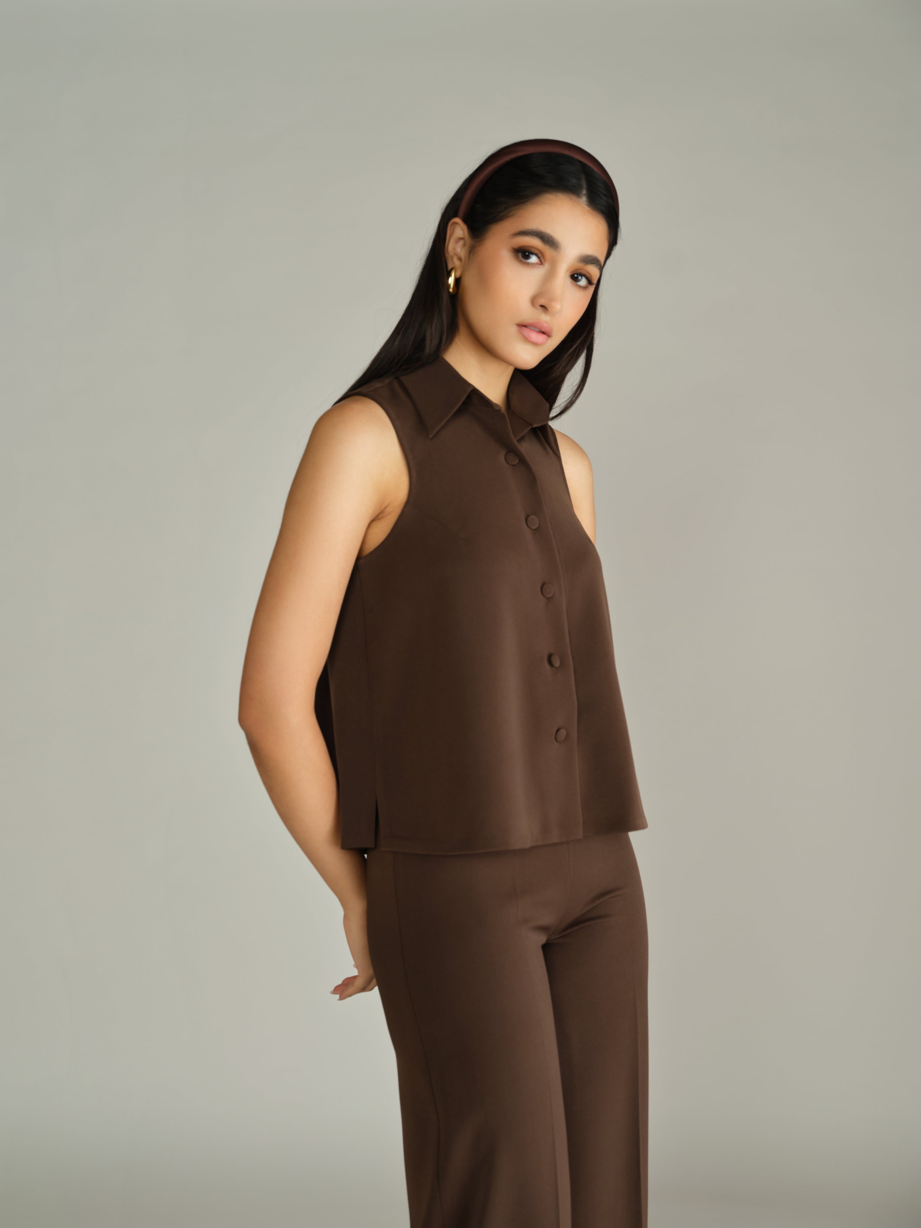 Chocolate Brown Stretch Suiting Sleeveless Top