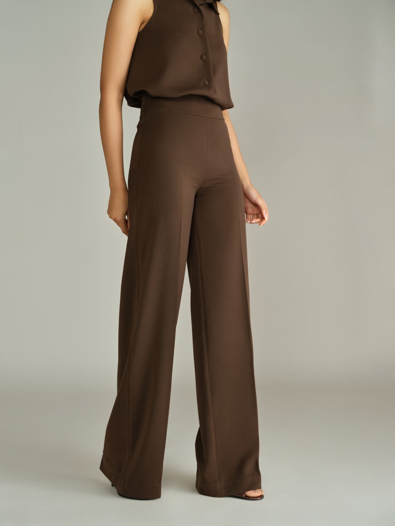 Chocolate Brown Stretch Suiting Wide-Leg Trousers