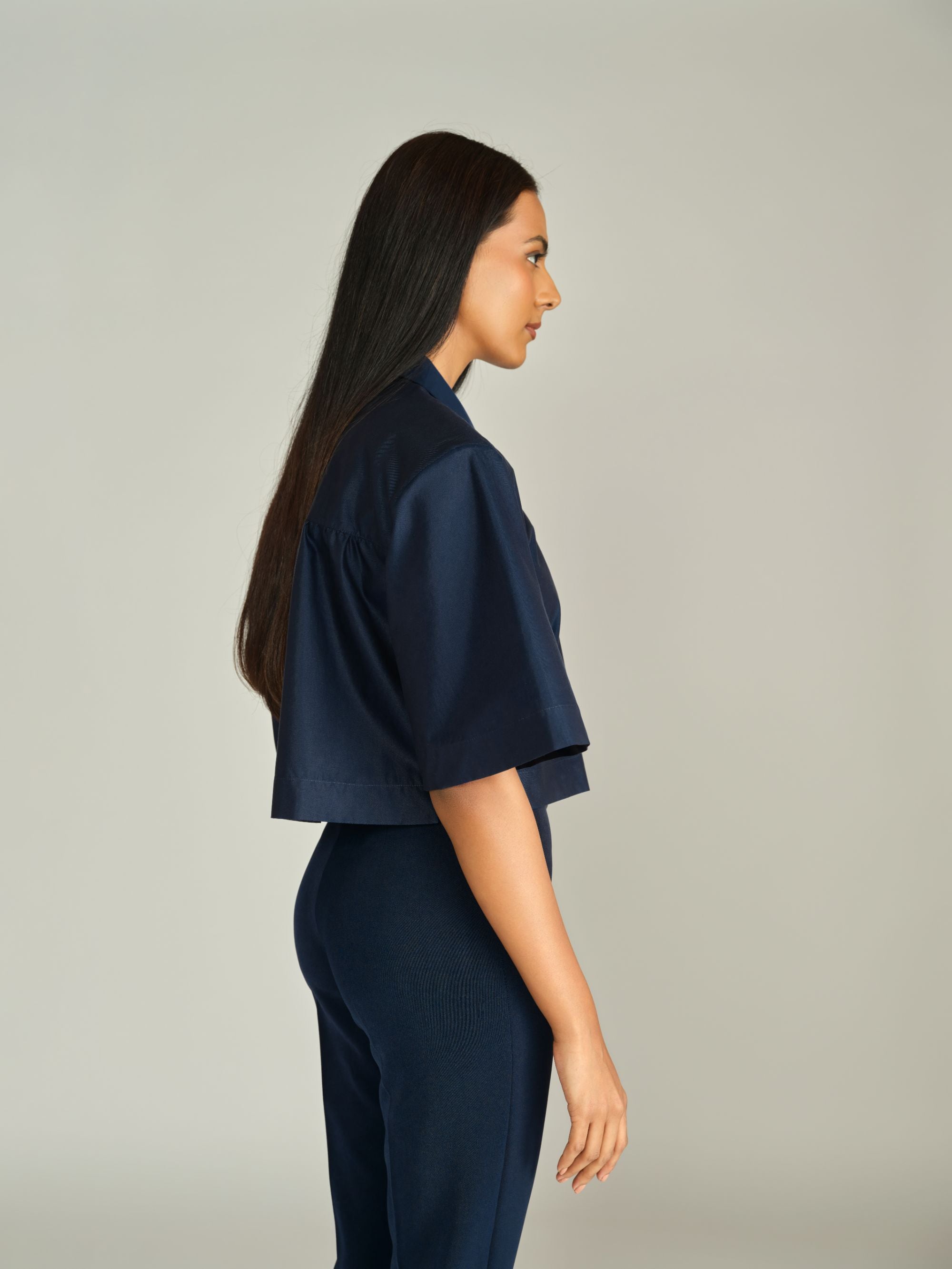 Navy Blue Egyptian Cotton Cropped Bowling Shirt