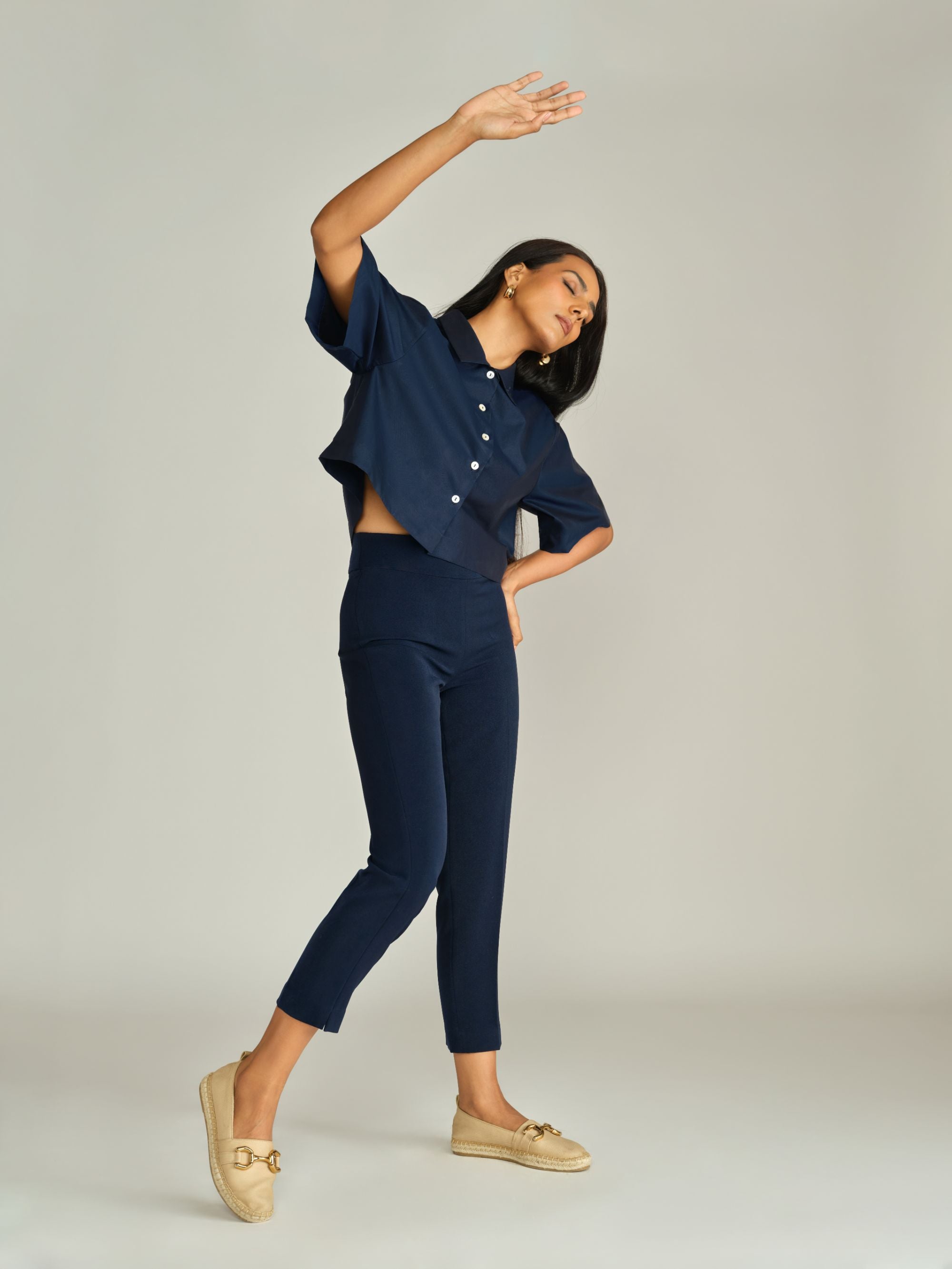 Navy Blue Egyptian Cotton Cropped Bowling Shirt