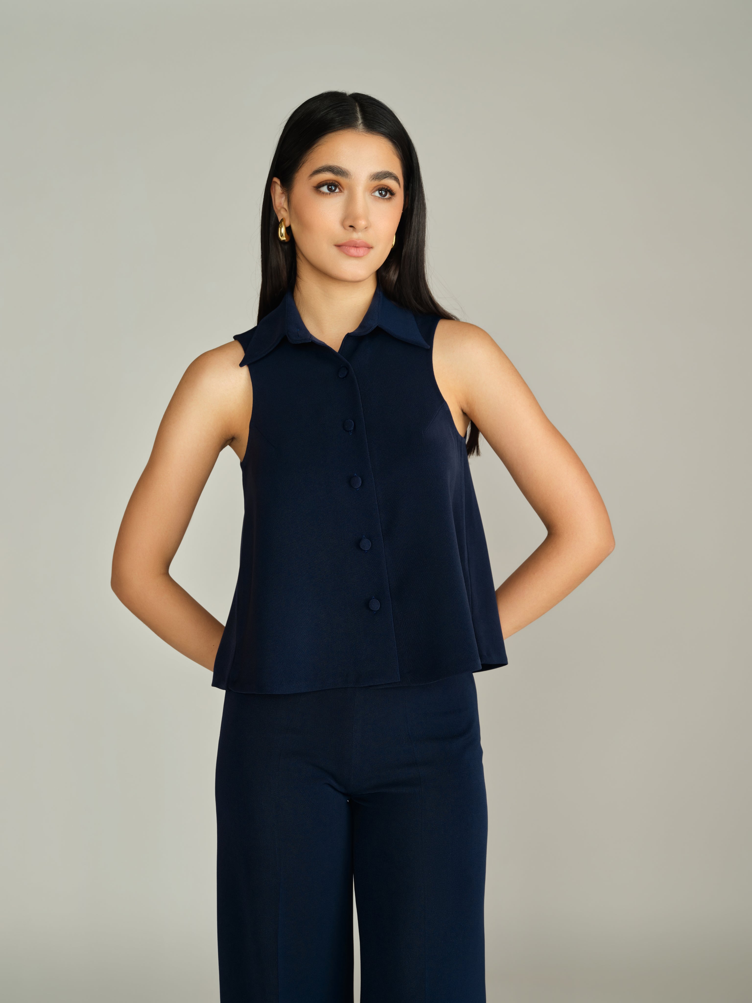 Navy Blue Stretch Suiting Sleeveless Top