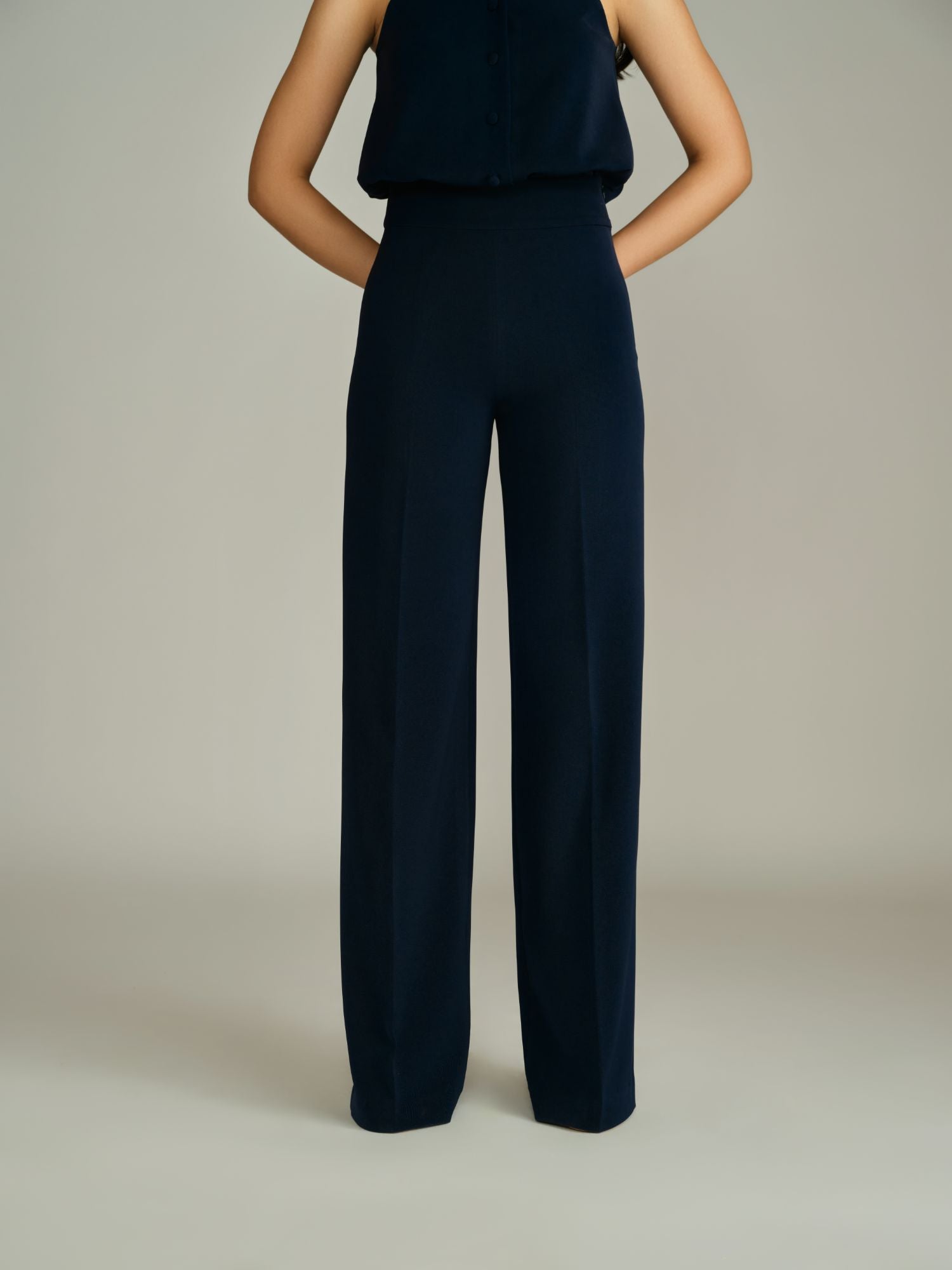 Navy Blue Stretch Suiting Wide-Leg Trousers