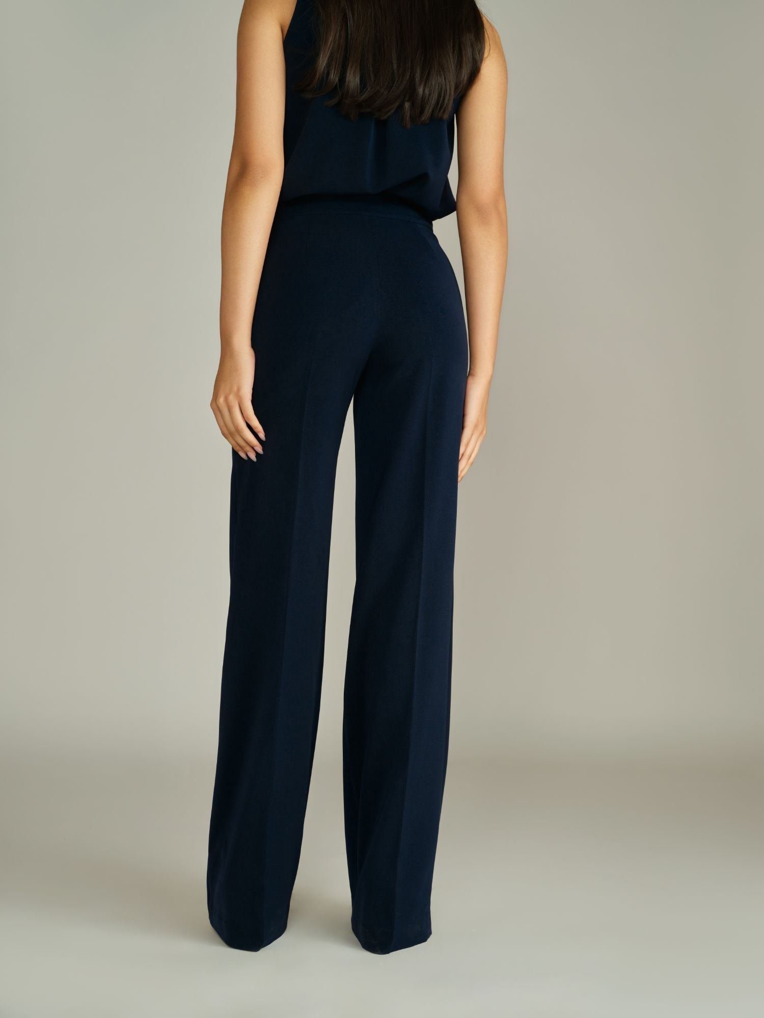 Navy Blue Stretch Suiting Wide-Leg Trousers