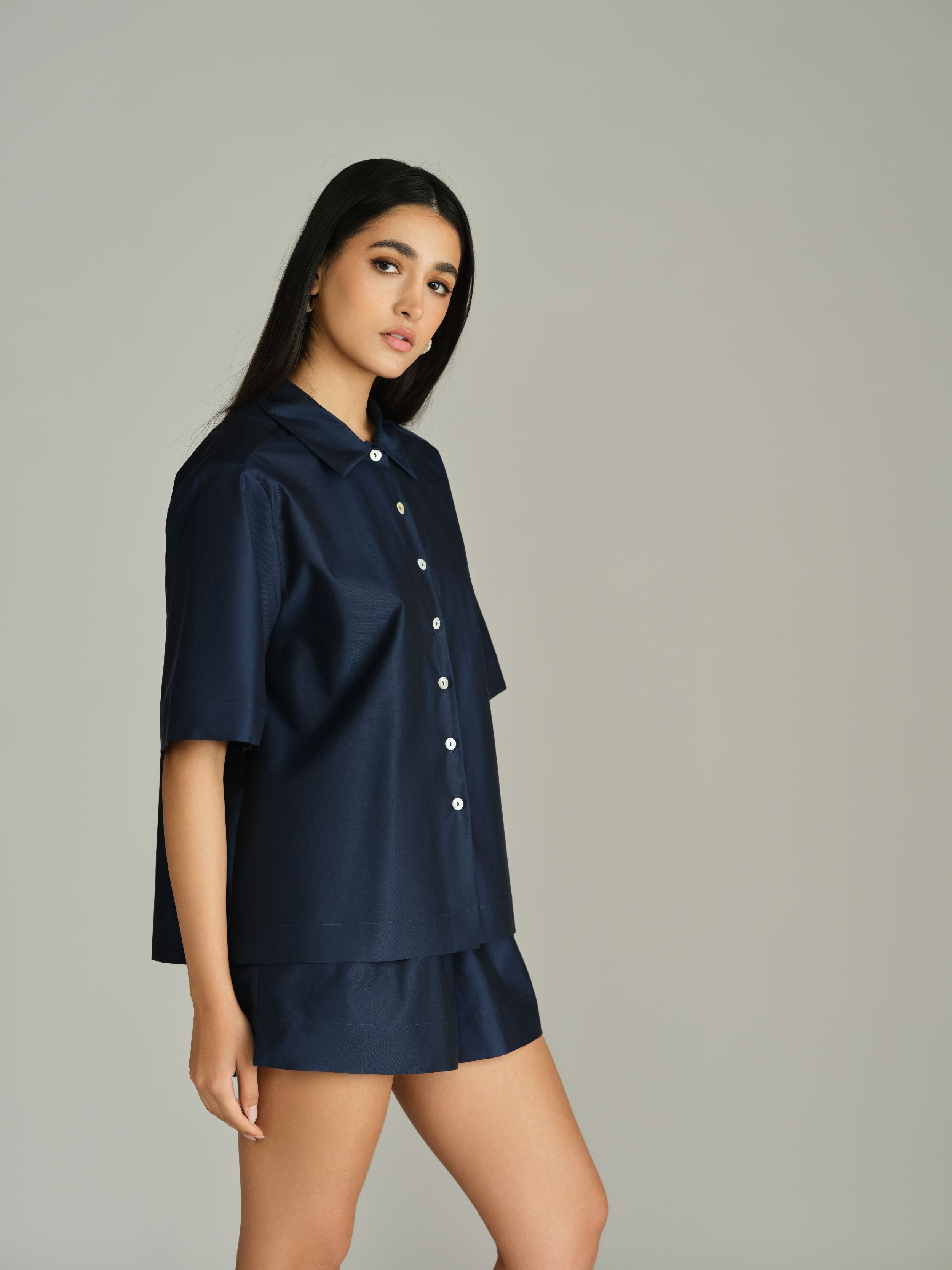 Navy Blue Egyptian Cotton Bowling Shirt