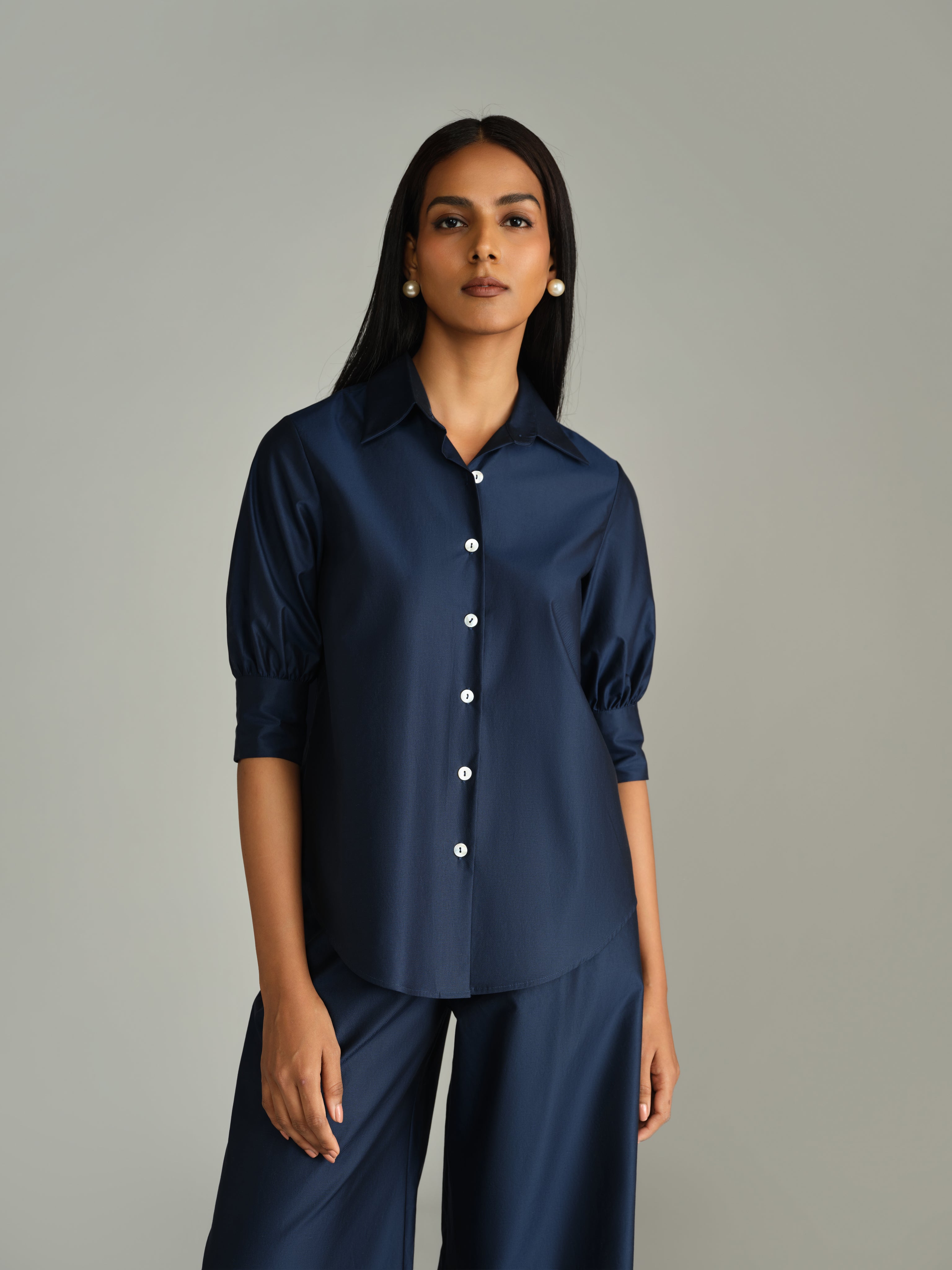 Navy Blue Egyptian Cotton Short-Sleeved Shirt
