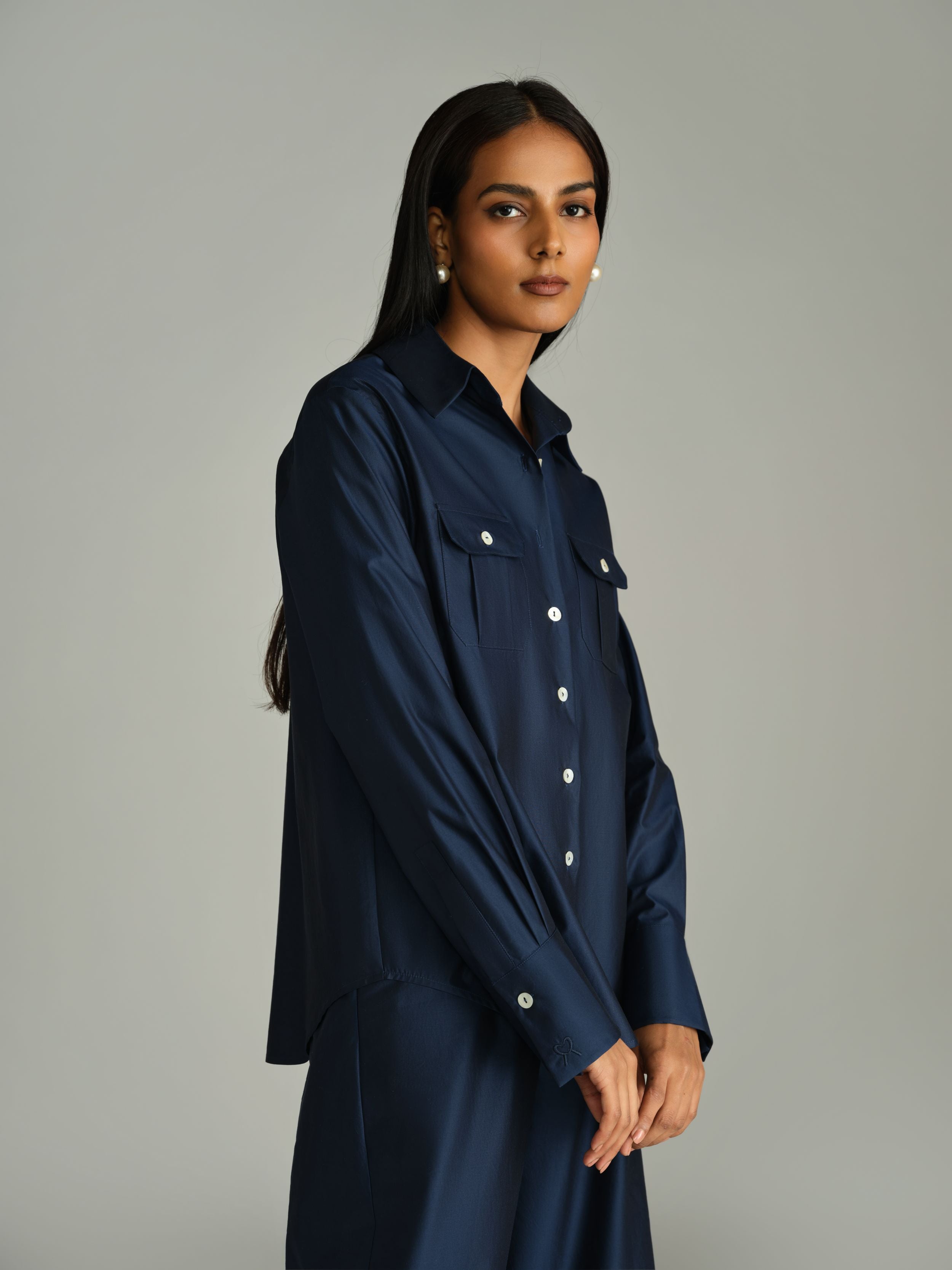 Navy Blue Egyptian Cotton Oversized Long-Sleeved Shirt