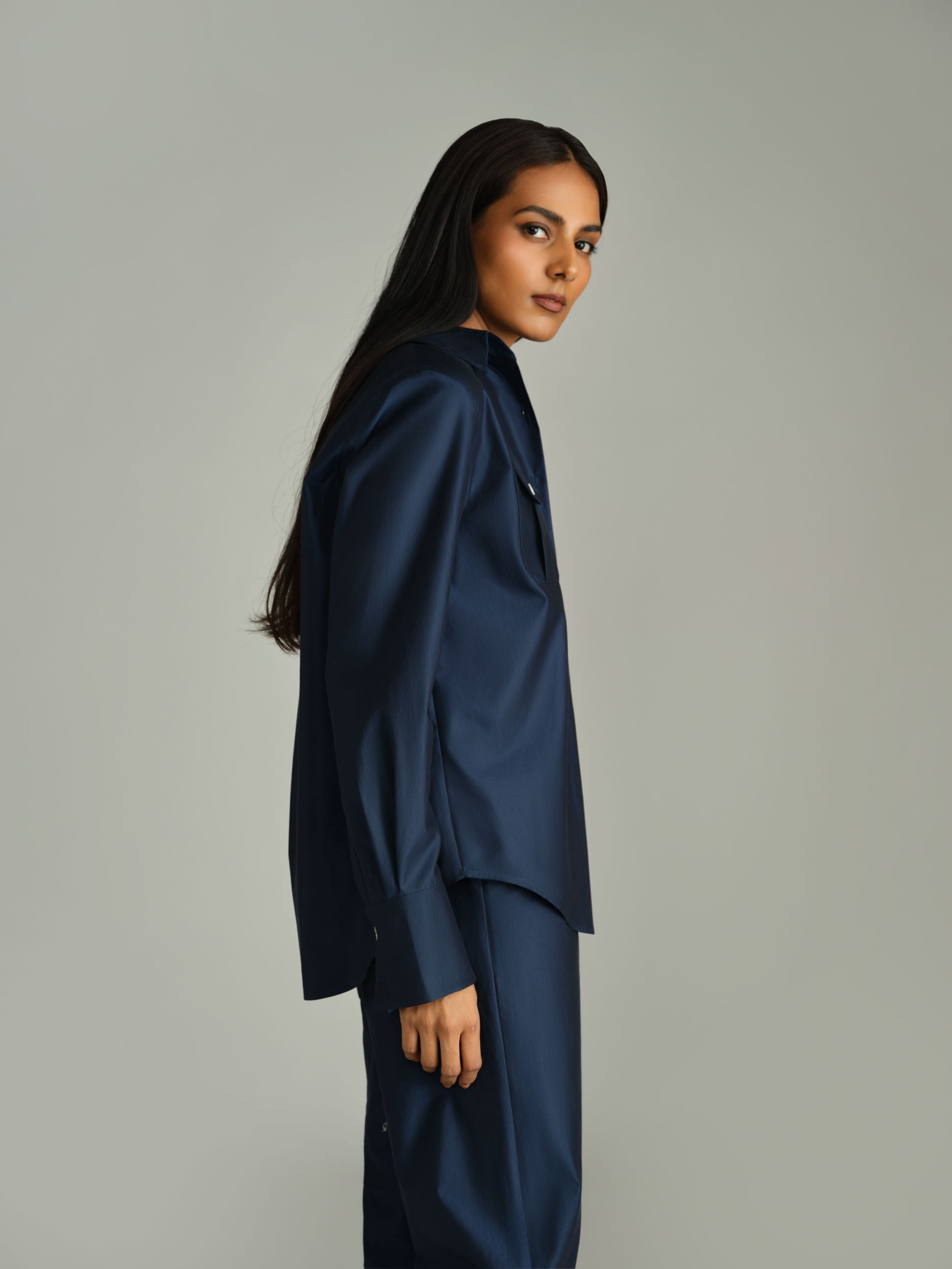 Navy Blue Egyptian Cotton Oversized Long-Sleeved Shirt