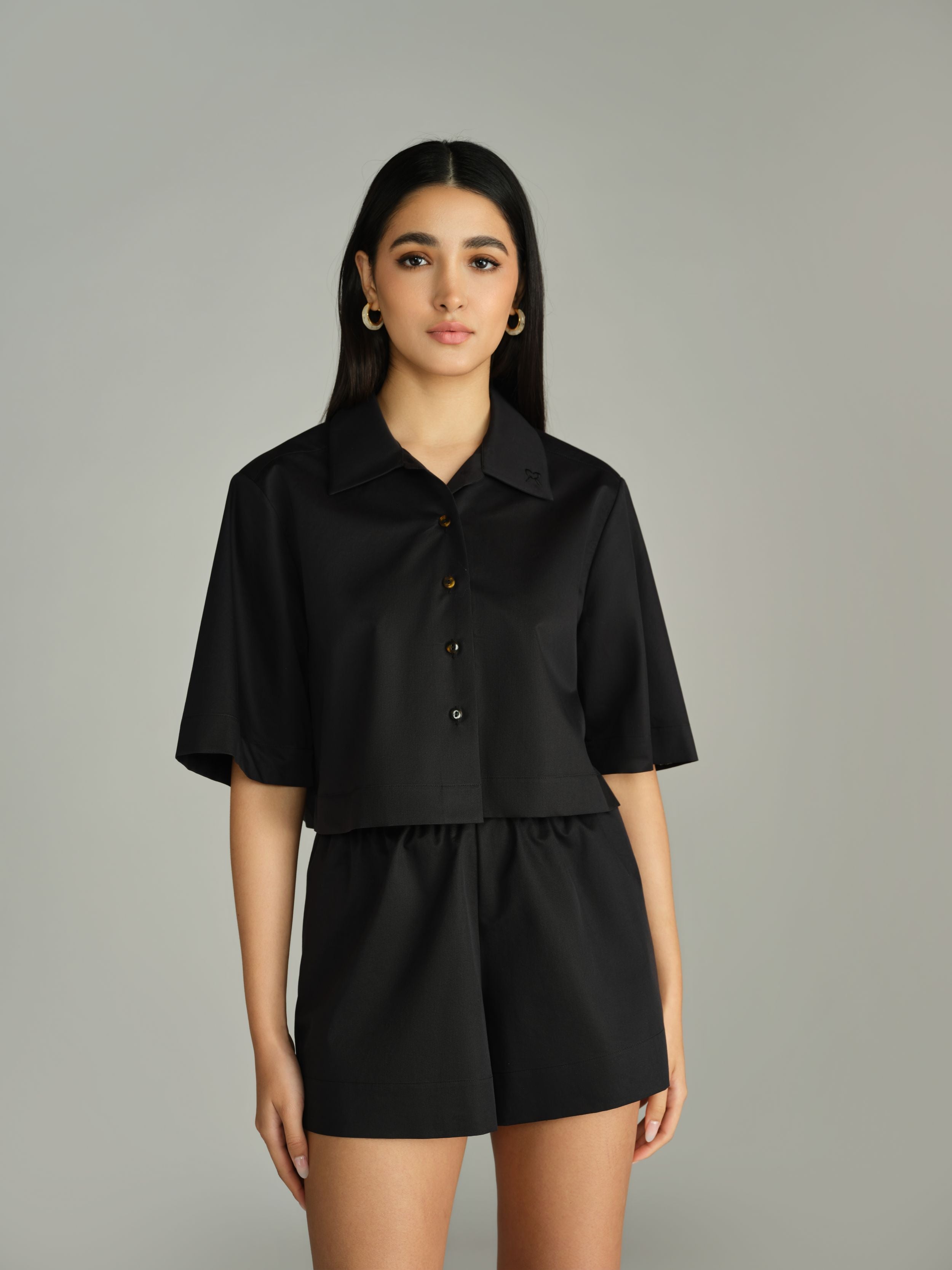 Black Egyptian Cotton Cropped Bowling Shirt