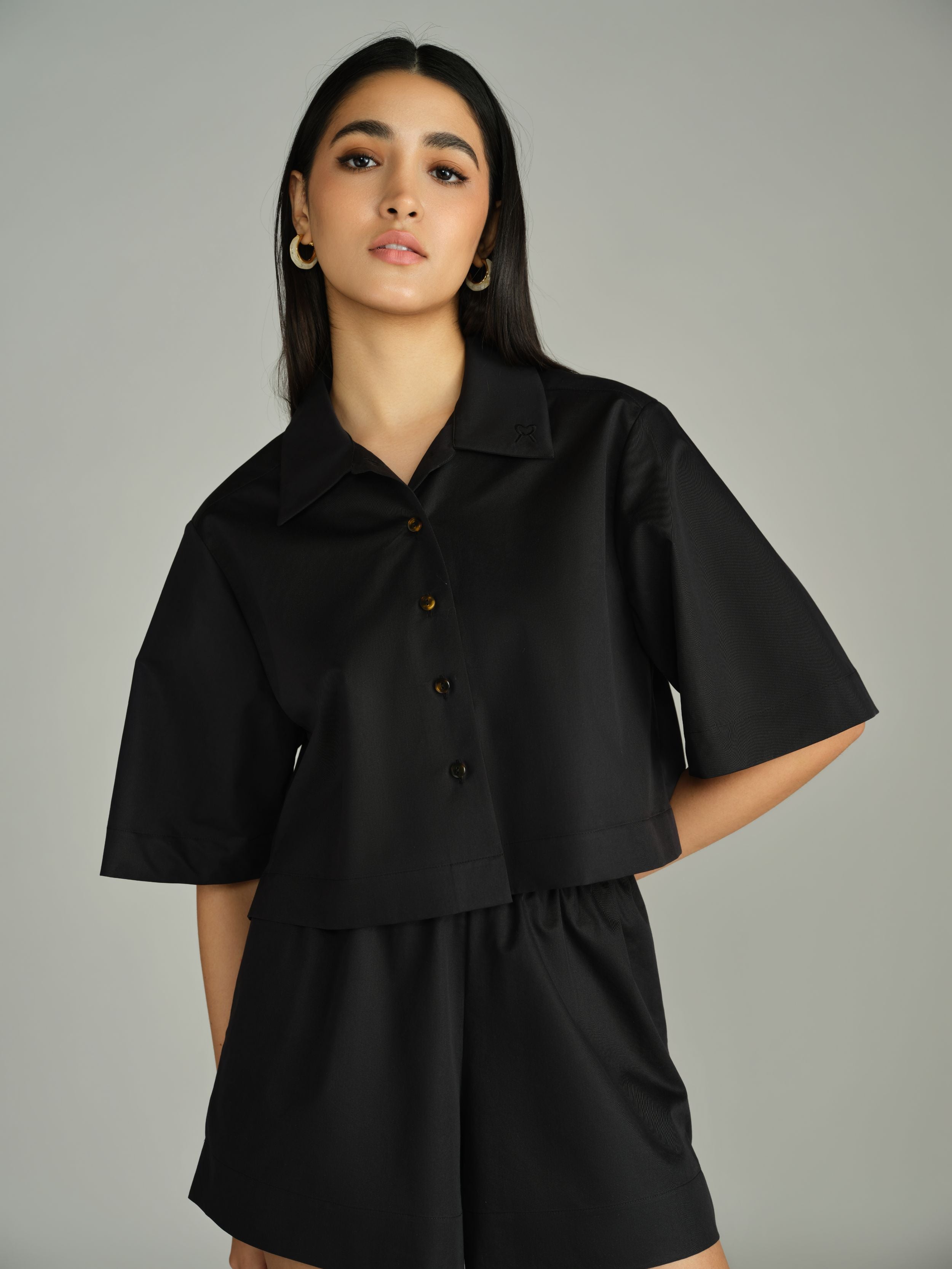 Black Egyptian Cotton Cropped Bowling Shirt