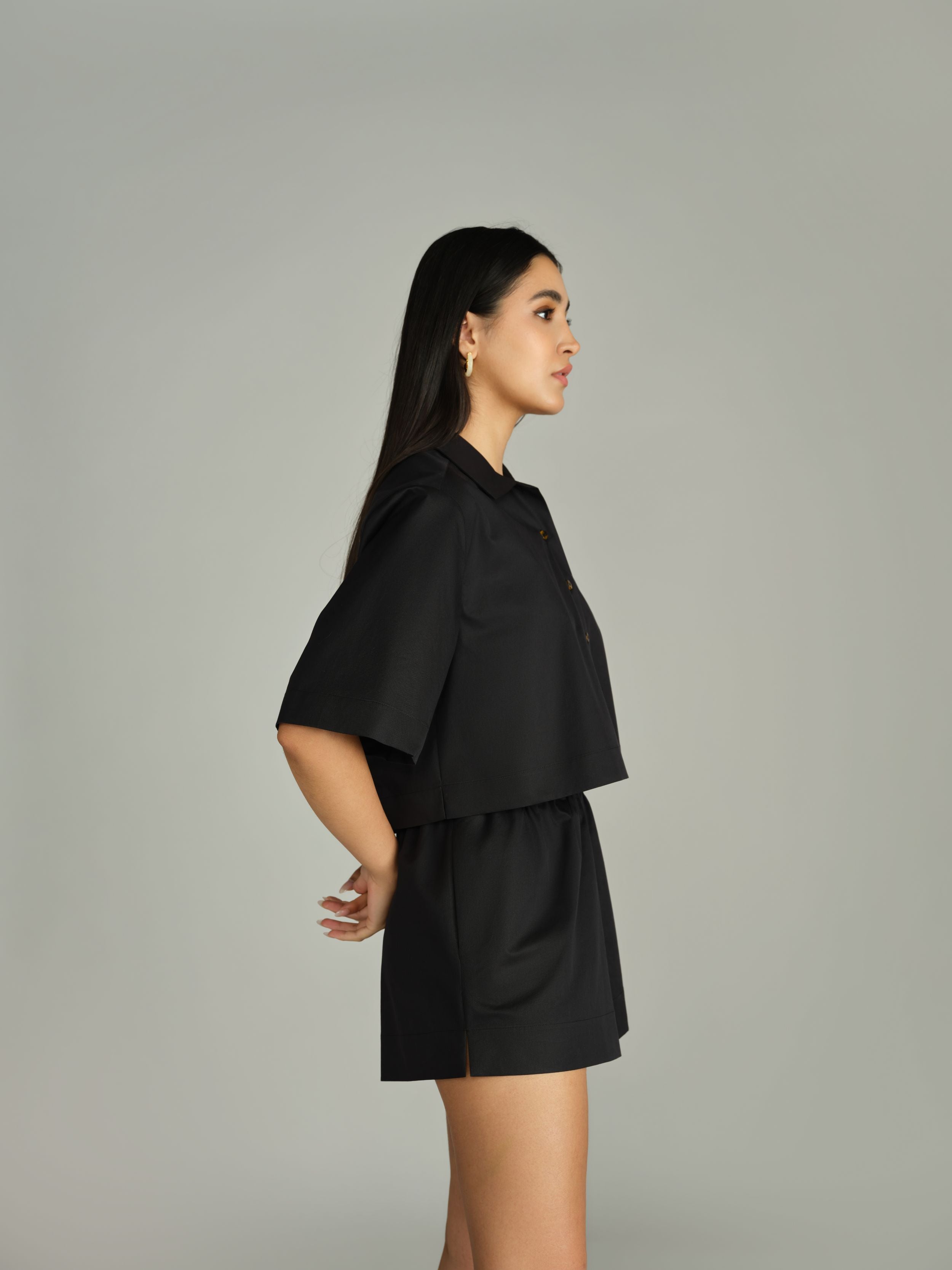 Black Egyptian Cotton Cropped Bowling Shirt