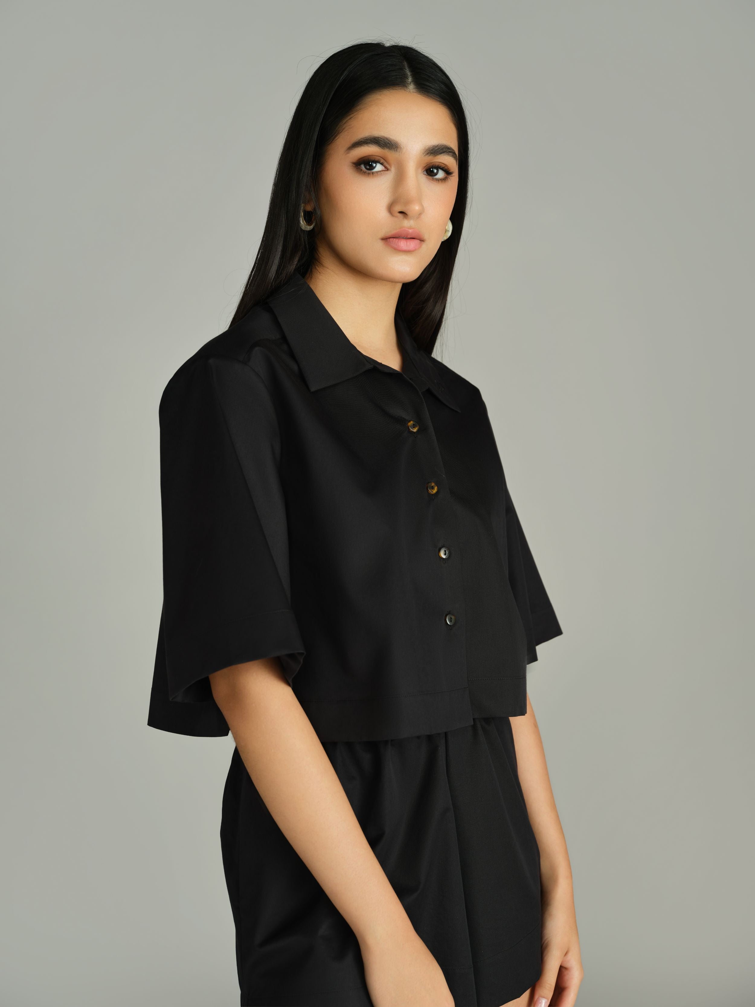 Black Egyptian Cotton Cropped Bowling Shirt