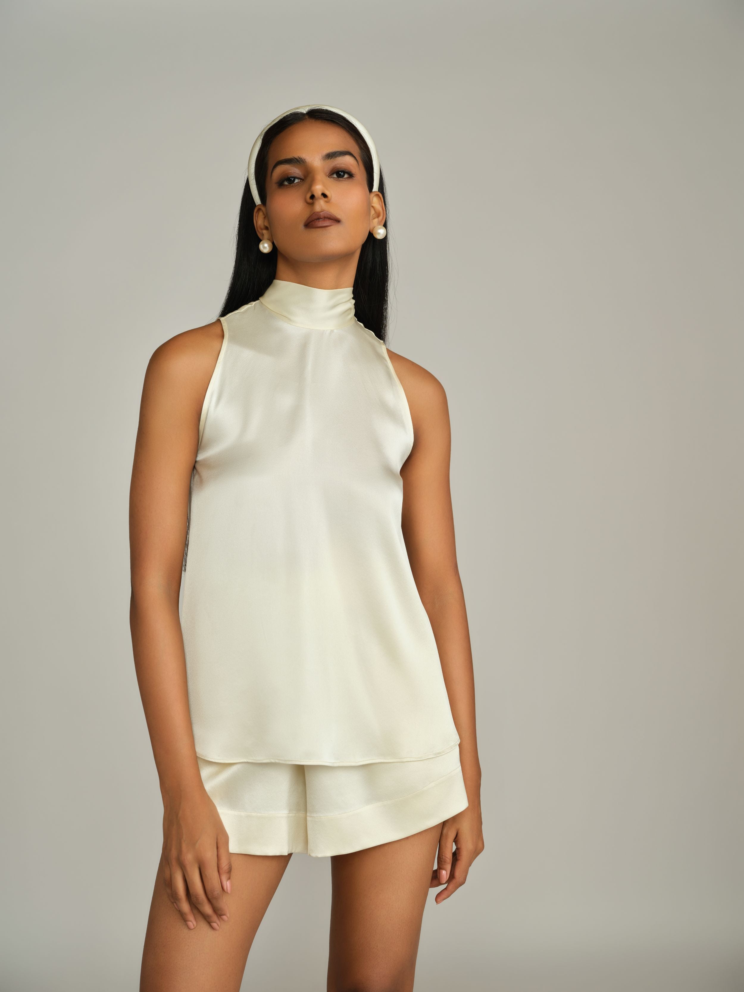 Cream Silk Tie-Neck Top
