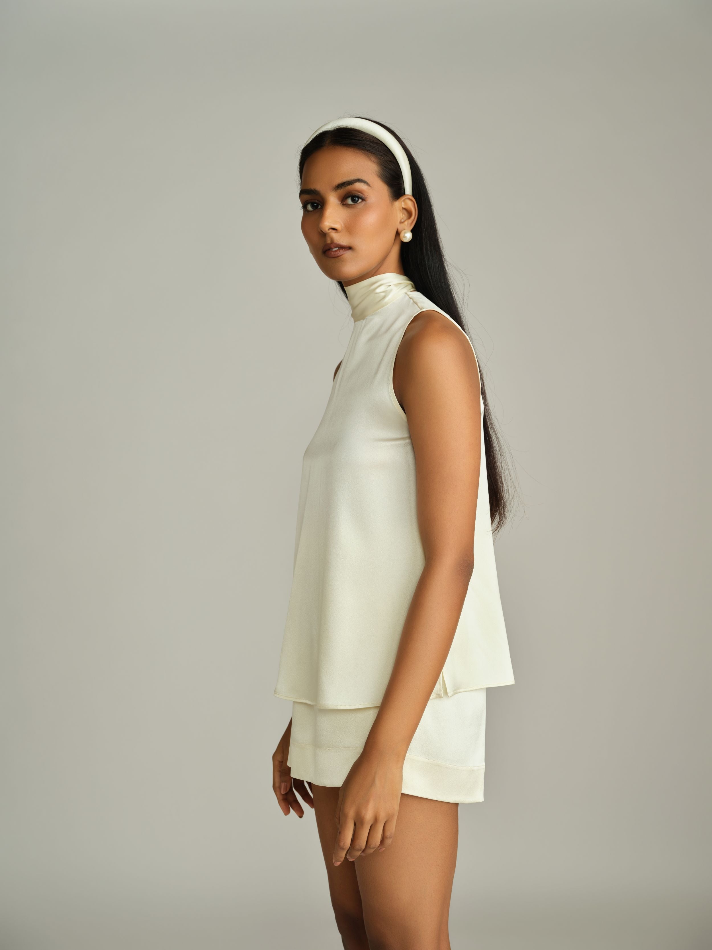 Cream Silk Tie-Neck Top