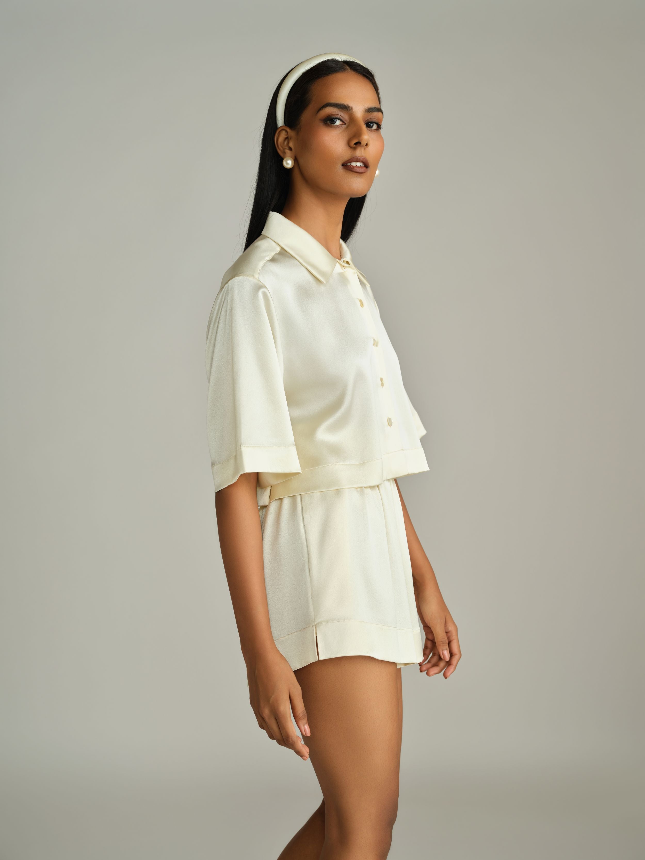 Cream Silk Cropped Bowling Shirt