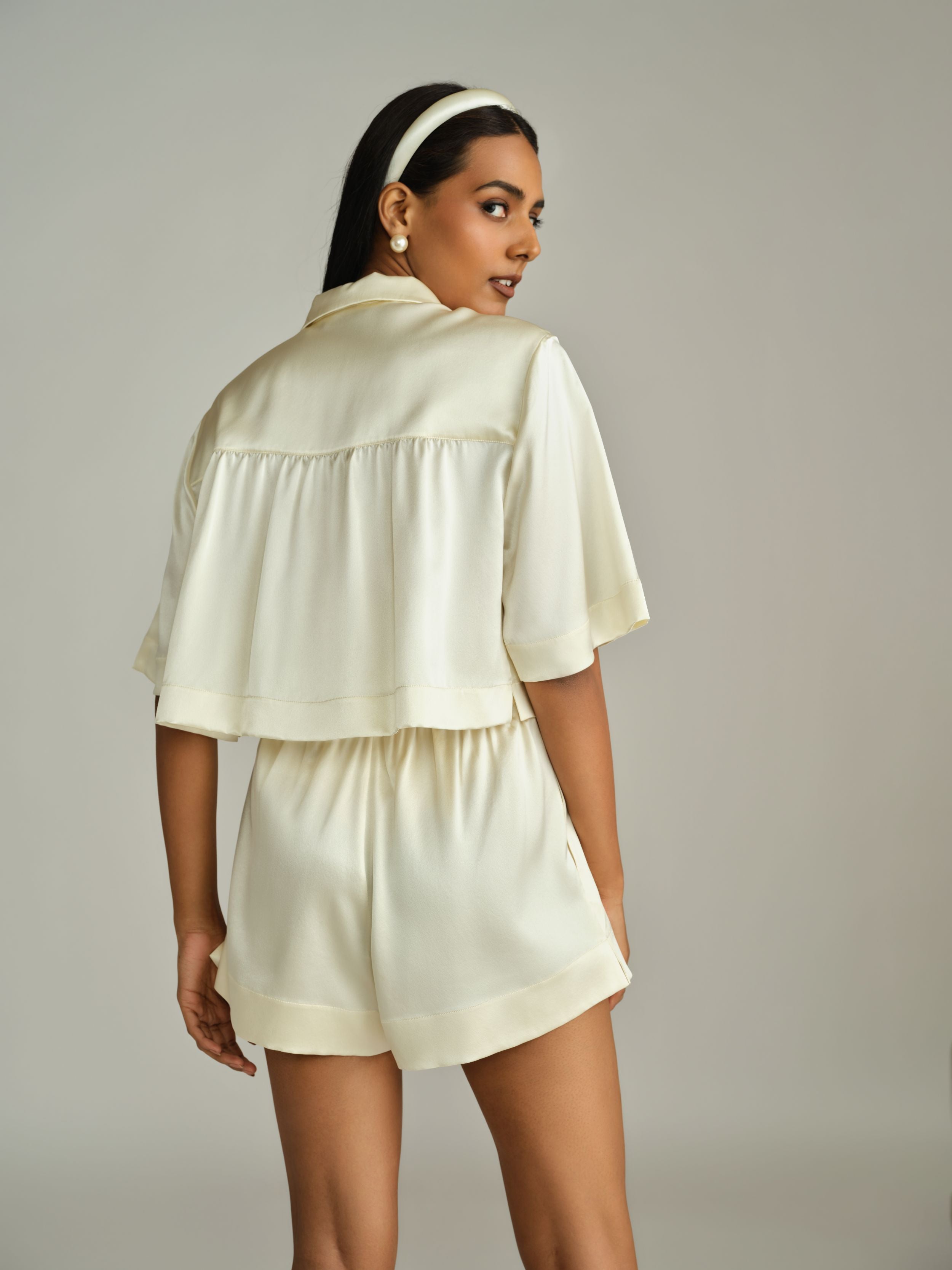 Cream Silk Cropped Bowling Shirt