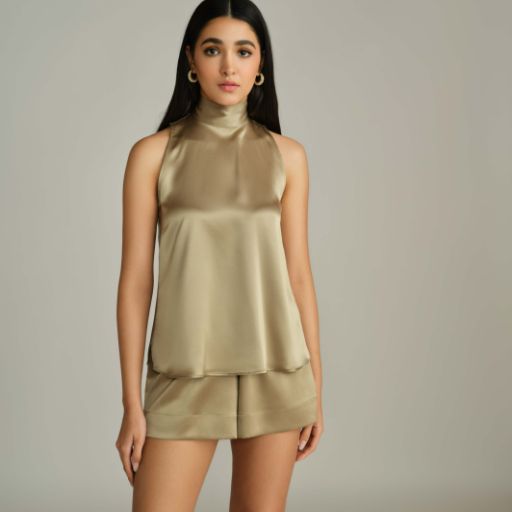 Olive Silk Tie-Neck Top