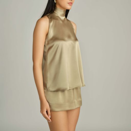 Olive Silk Tie-Neck Top