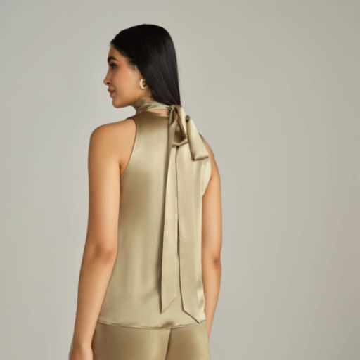 Olive Silk Tie-Neck Top