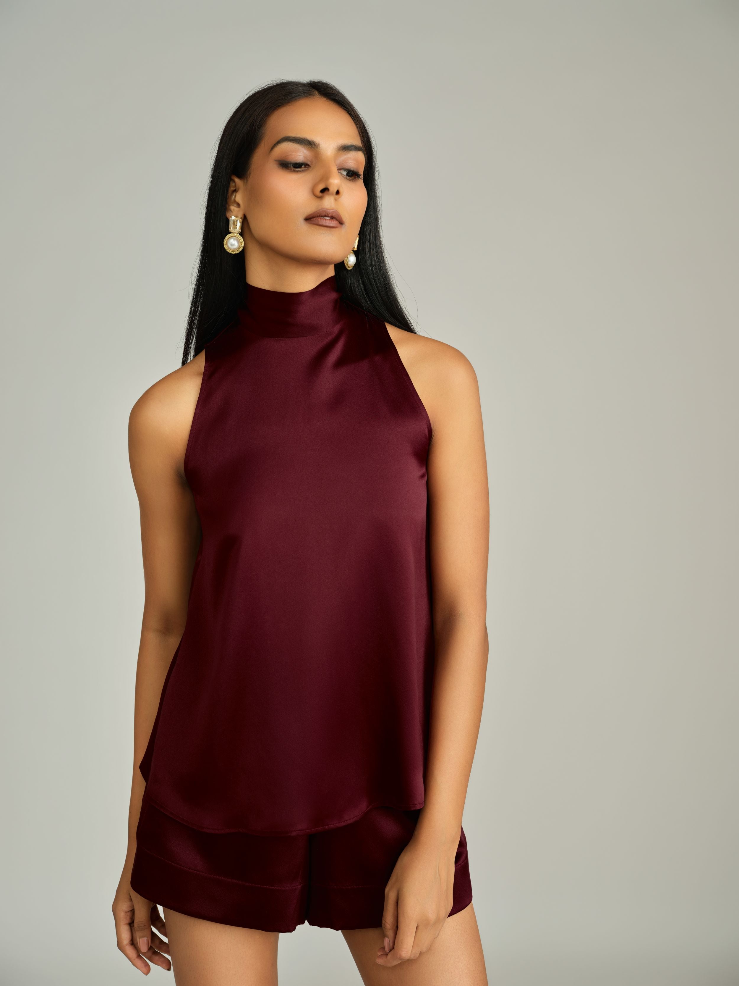 Burgundy Silk Tie-Neck Top