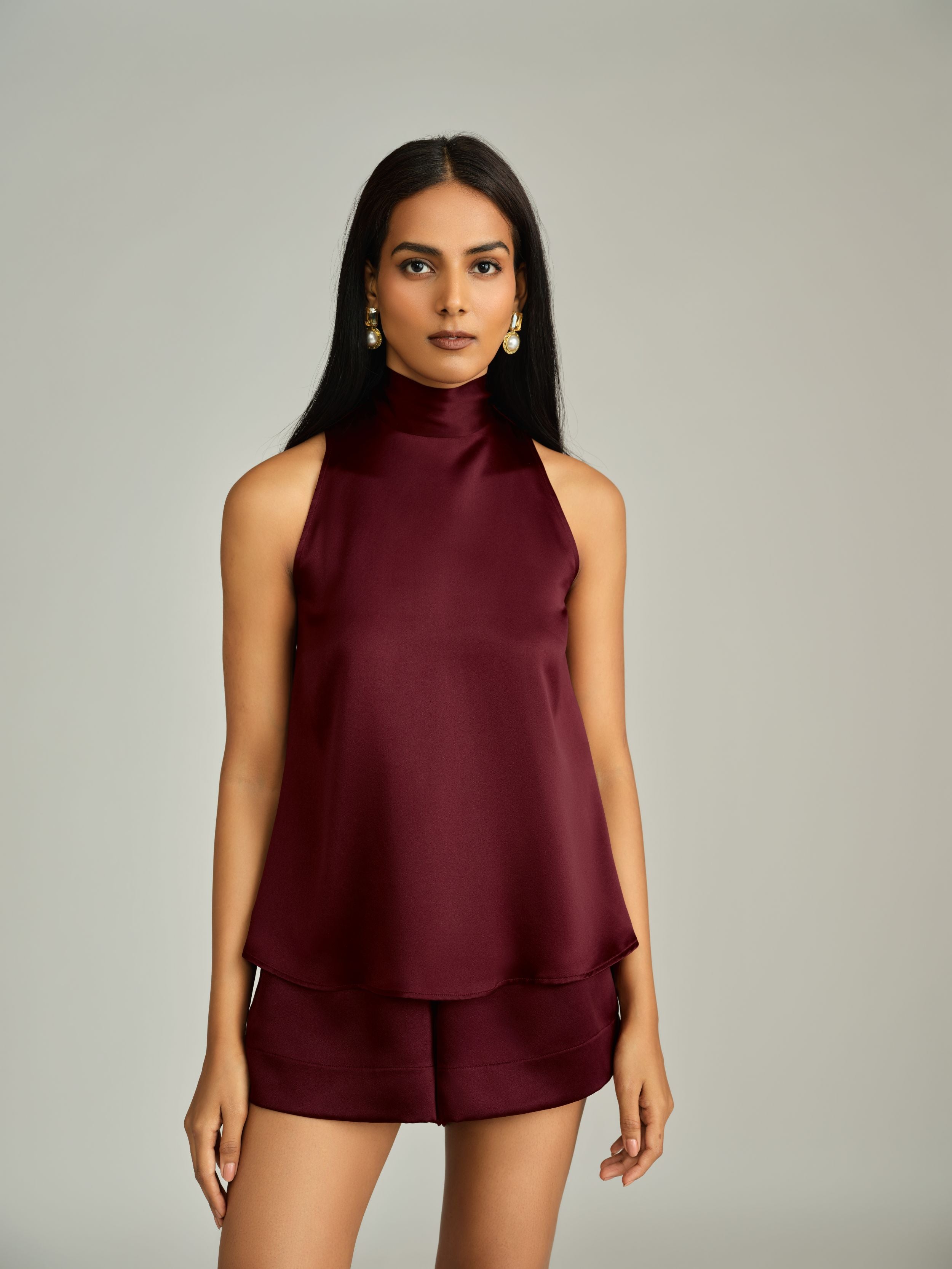 Burgundy Silk Tie-Neck Top