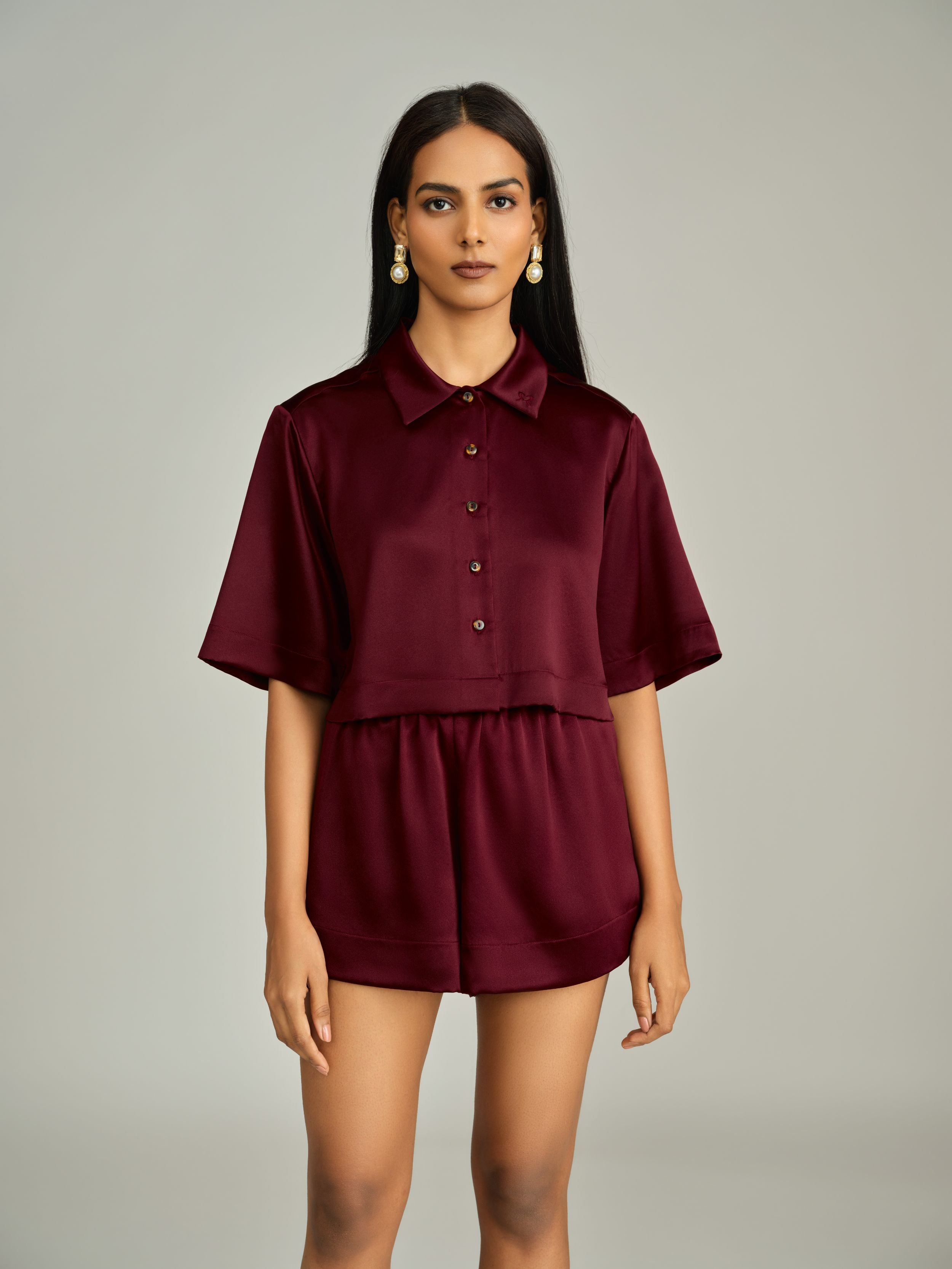 Burgundy Silk Cropped Bowling Shirt