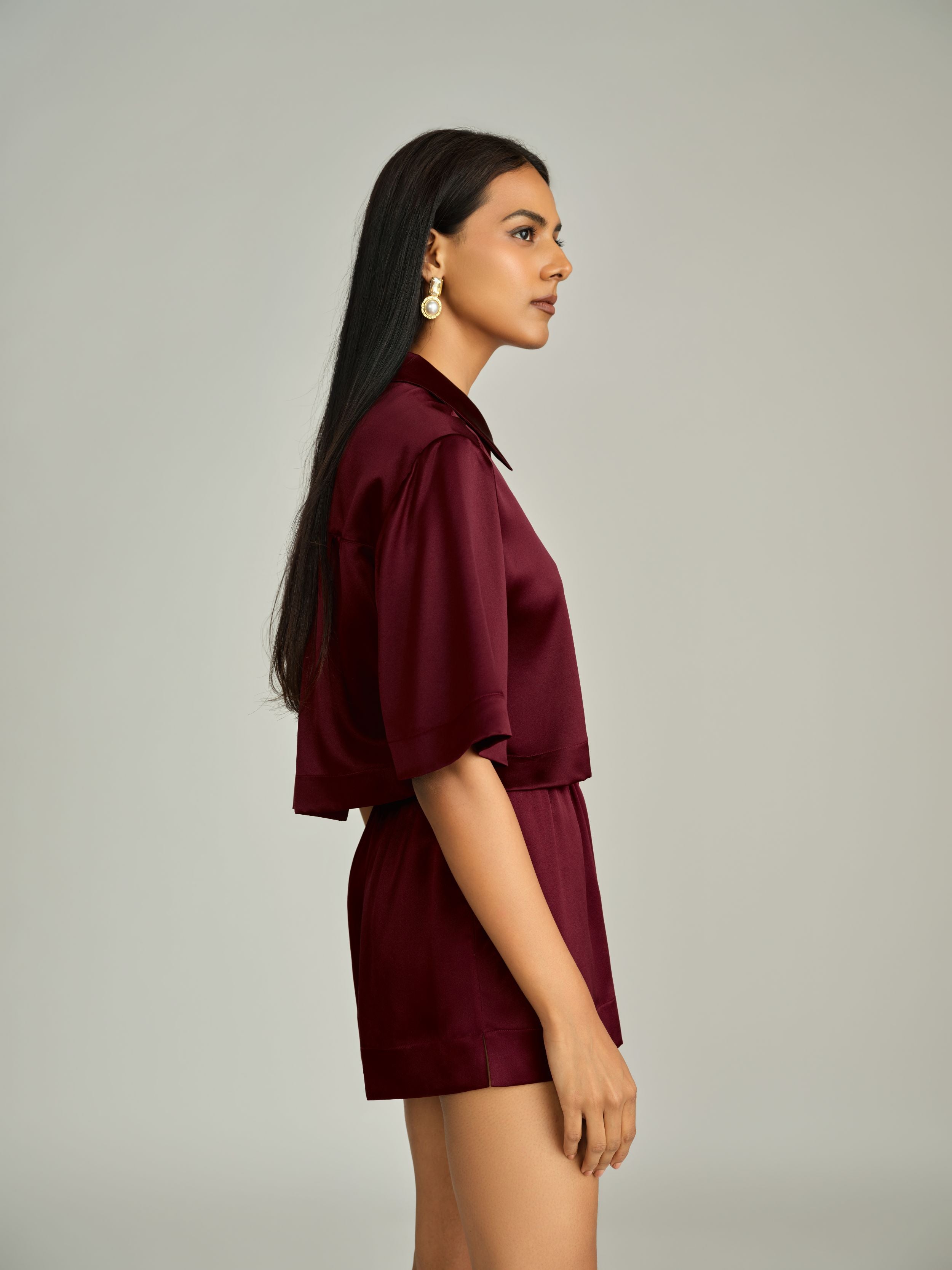 Burgundy Silk Cropped Bowling Shirt