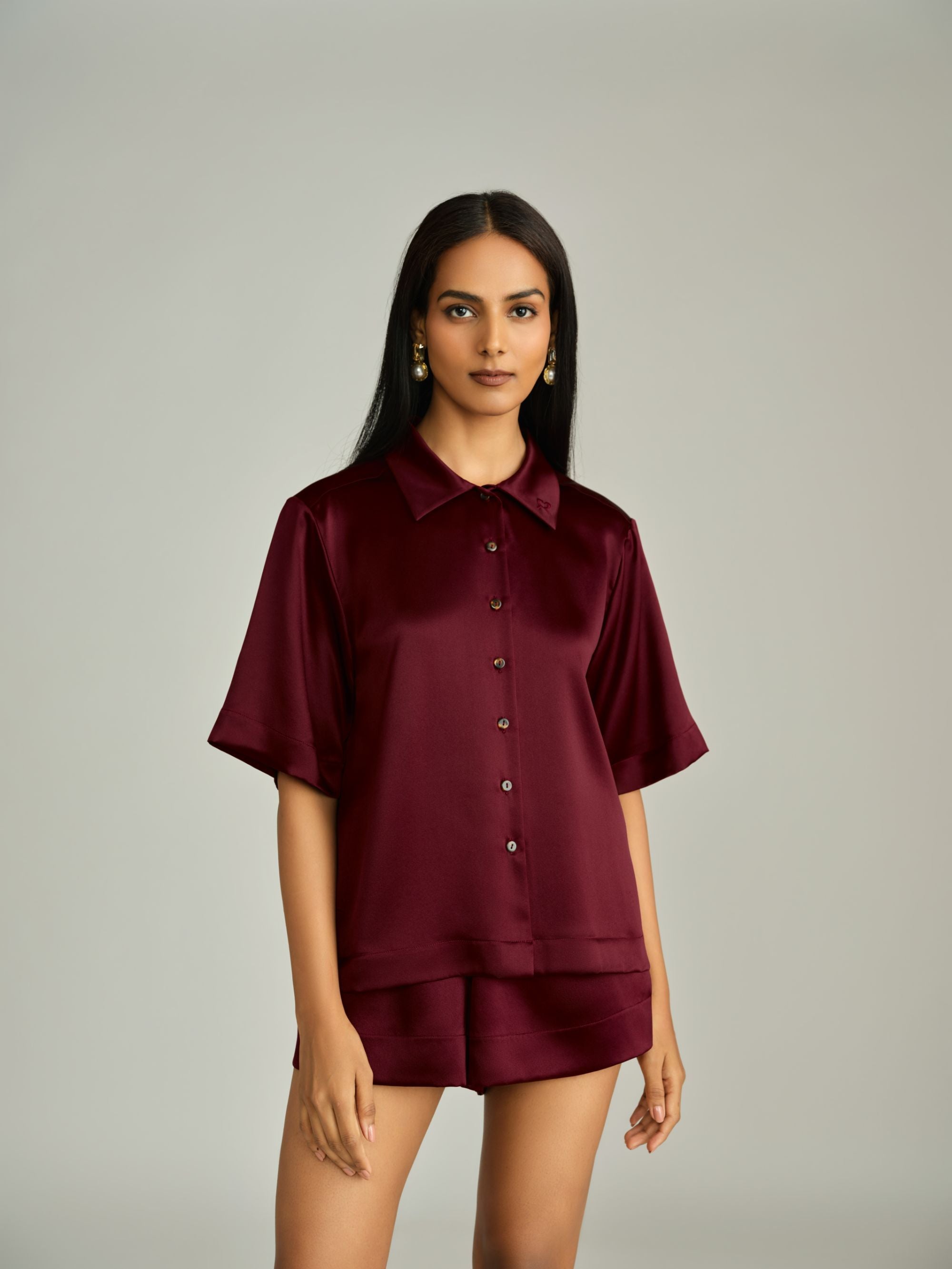 Burgundy Silk Bowling Shirt