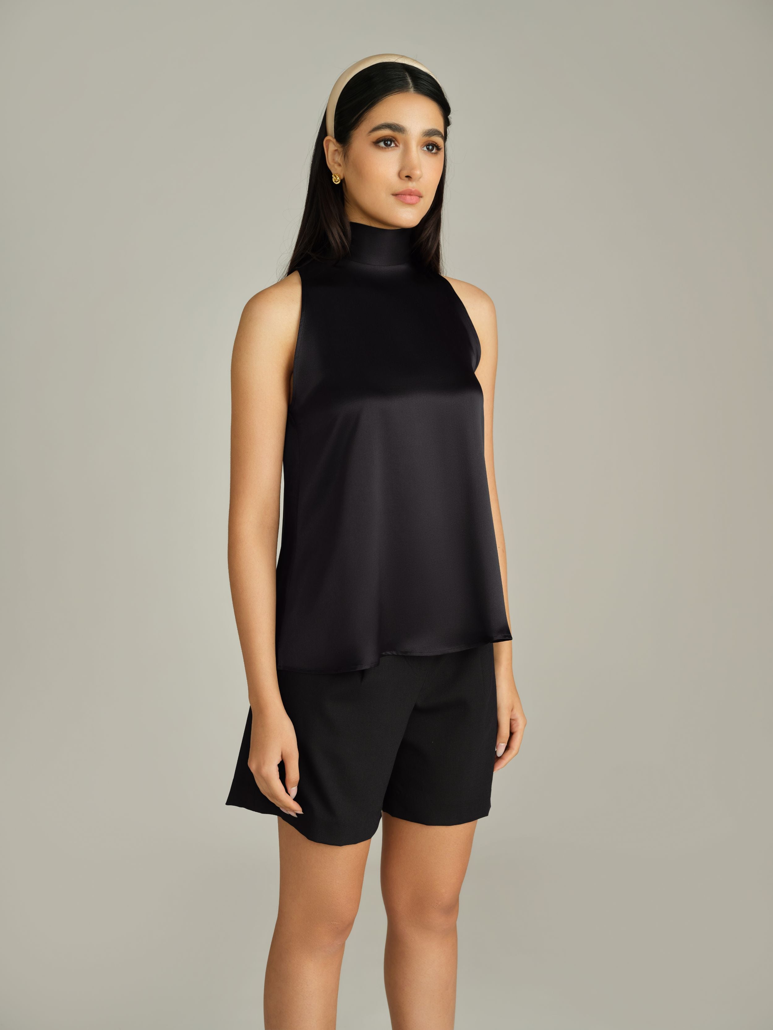 Black Silk Tie-Neck Top