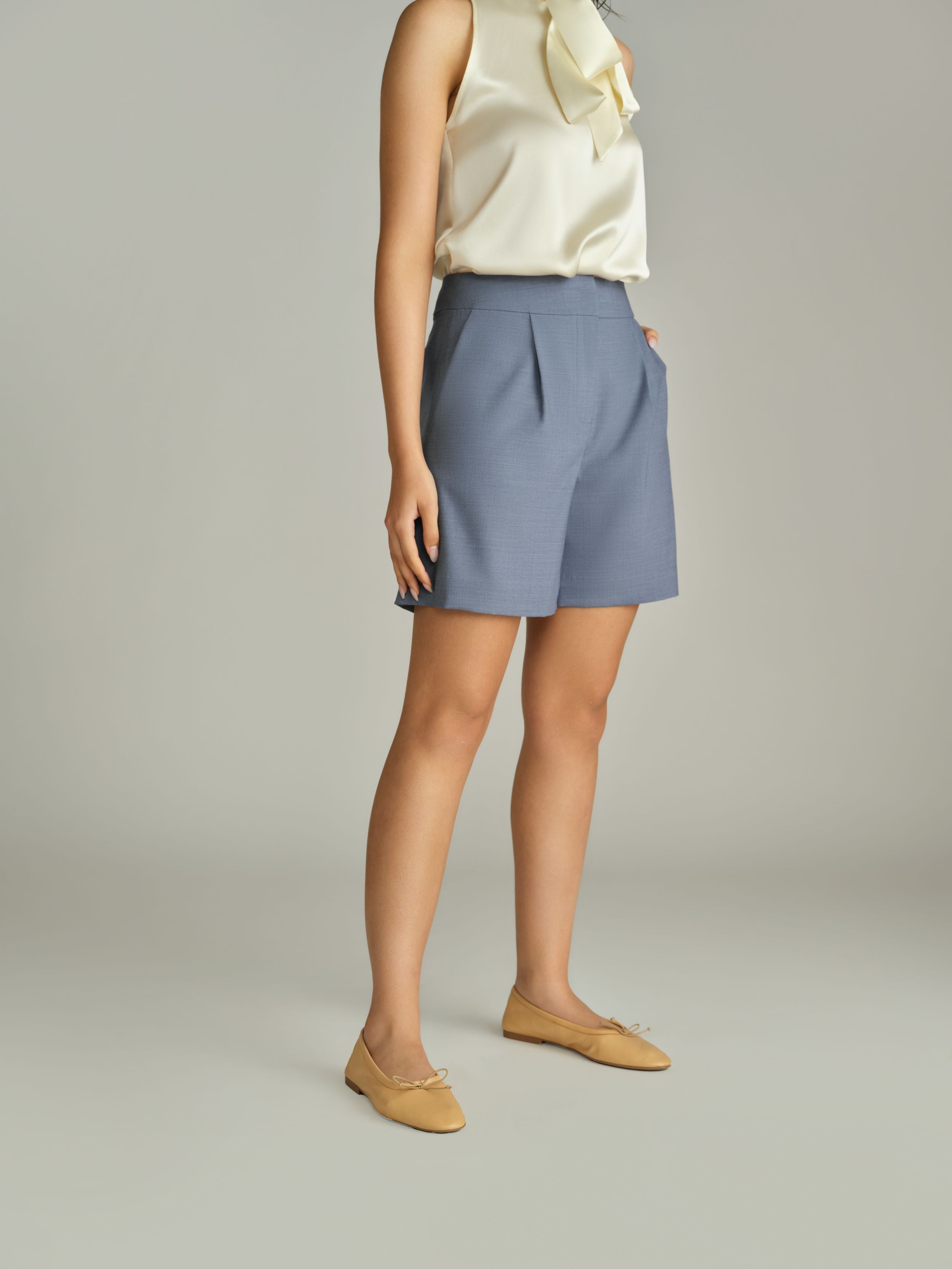Blue Suiting Pleated Shorts