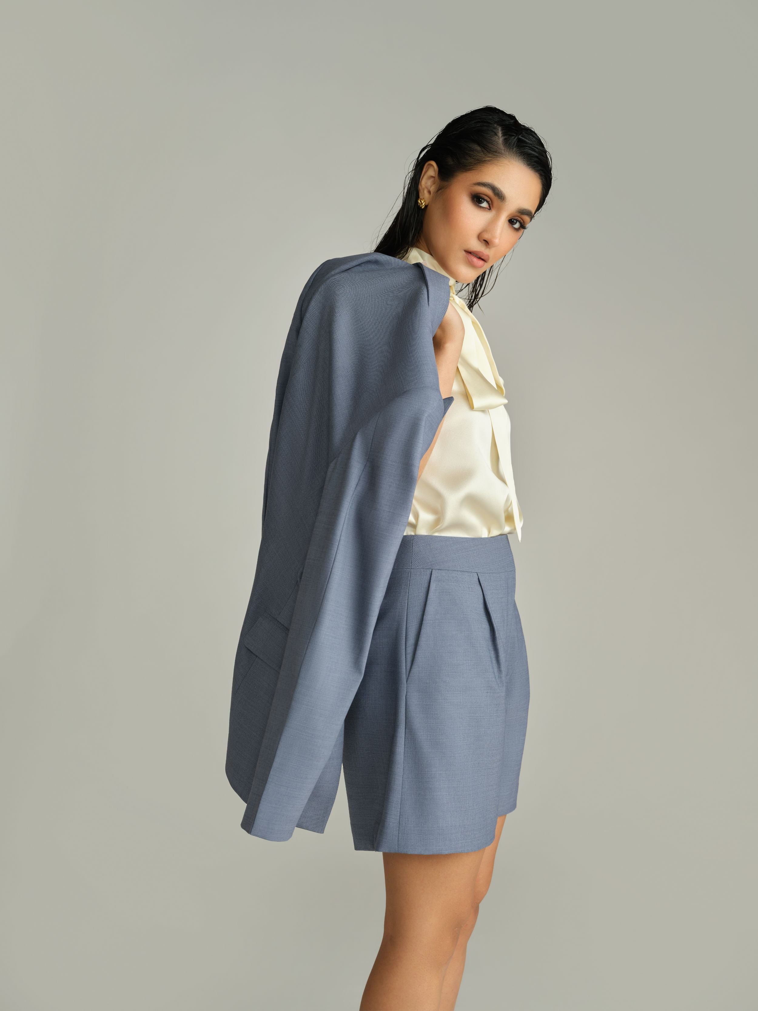Blue Suiting Pleated Shorts