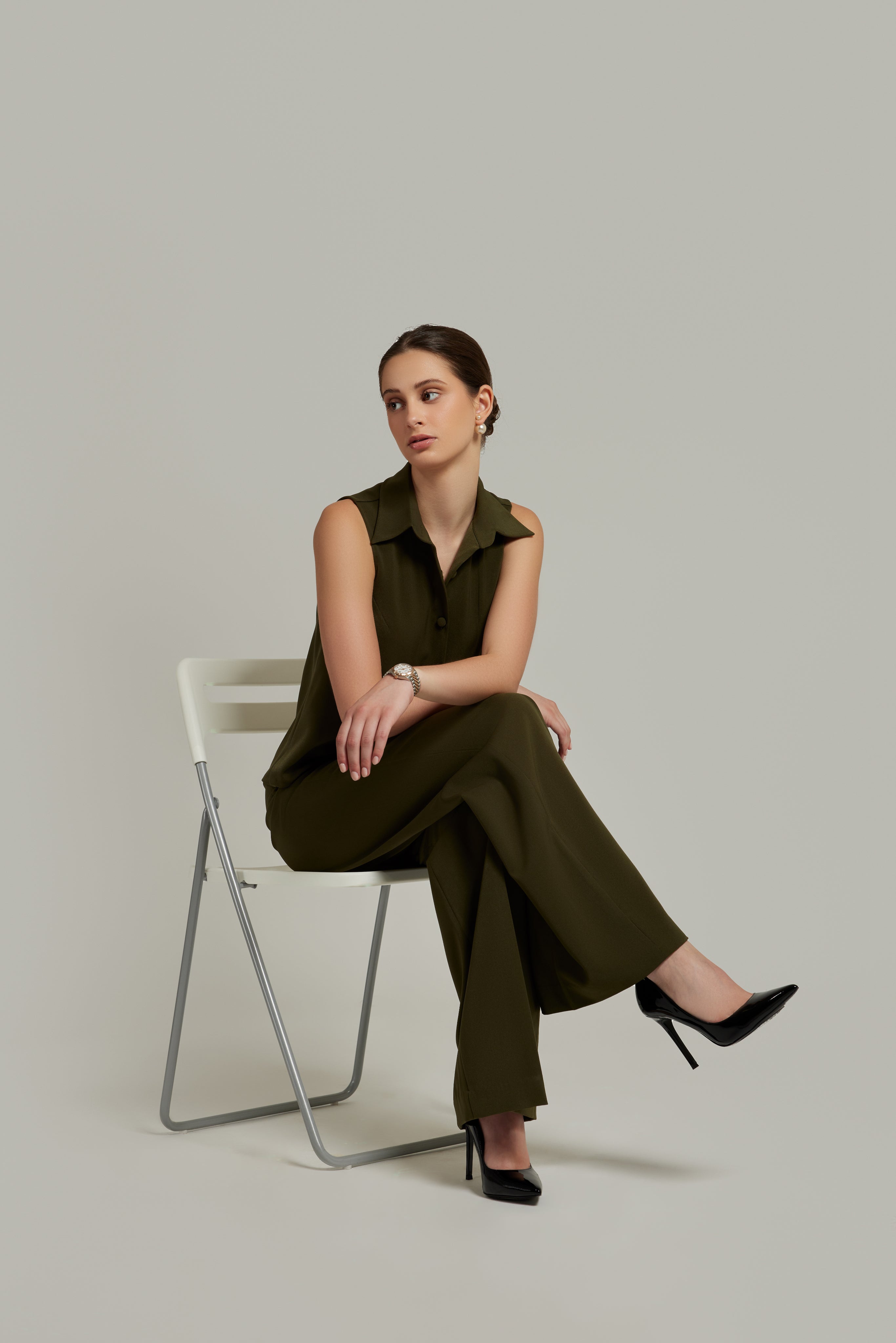 Military Green Stretch Suiting Sleeveless Top