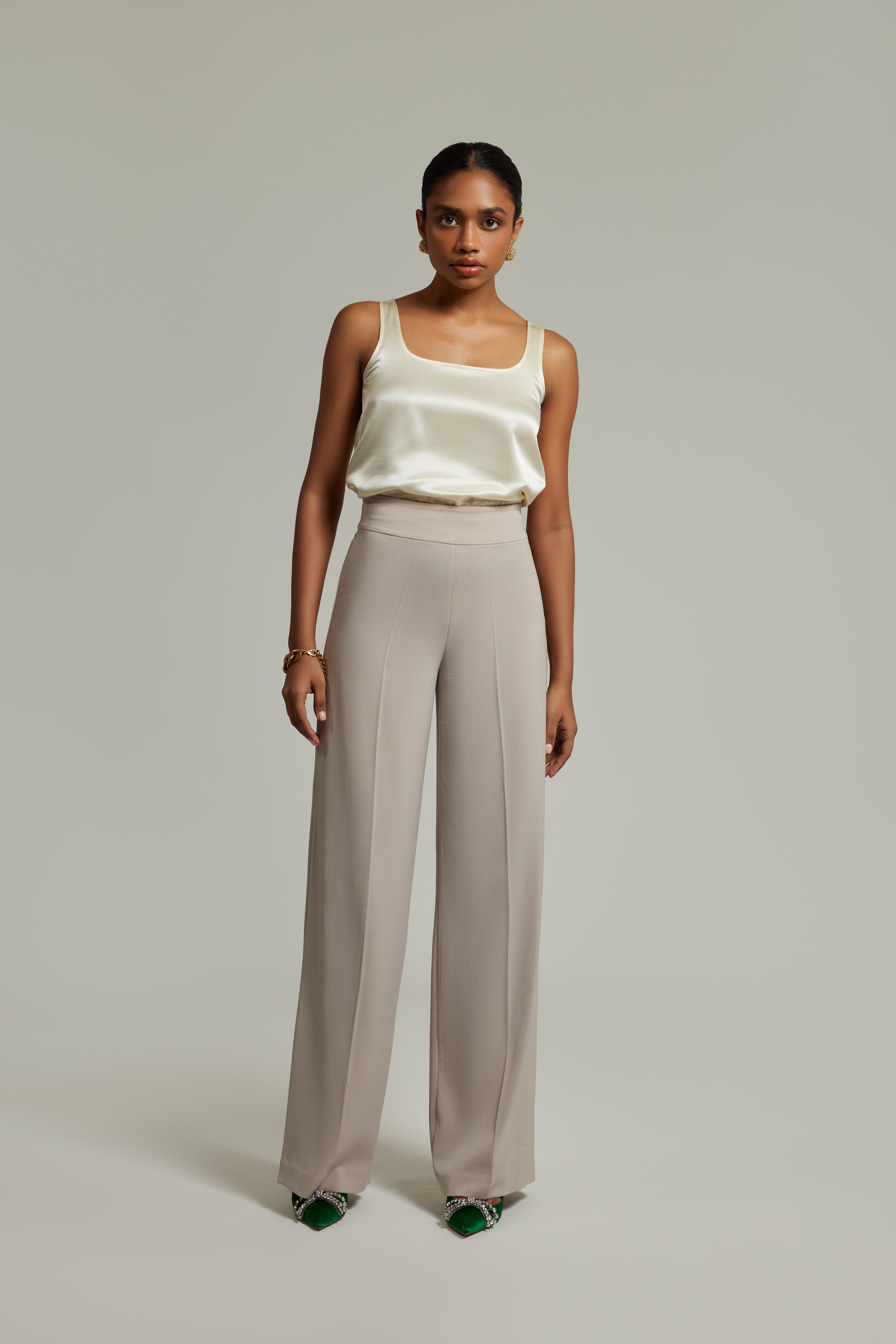 Beige Stretch Suiting
Wide-Leg Trousers