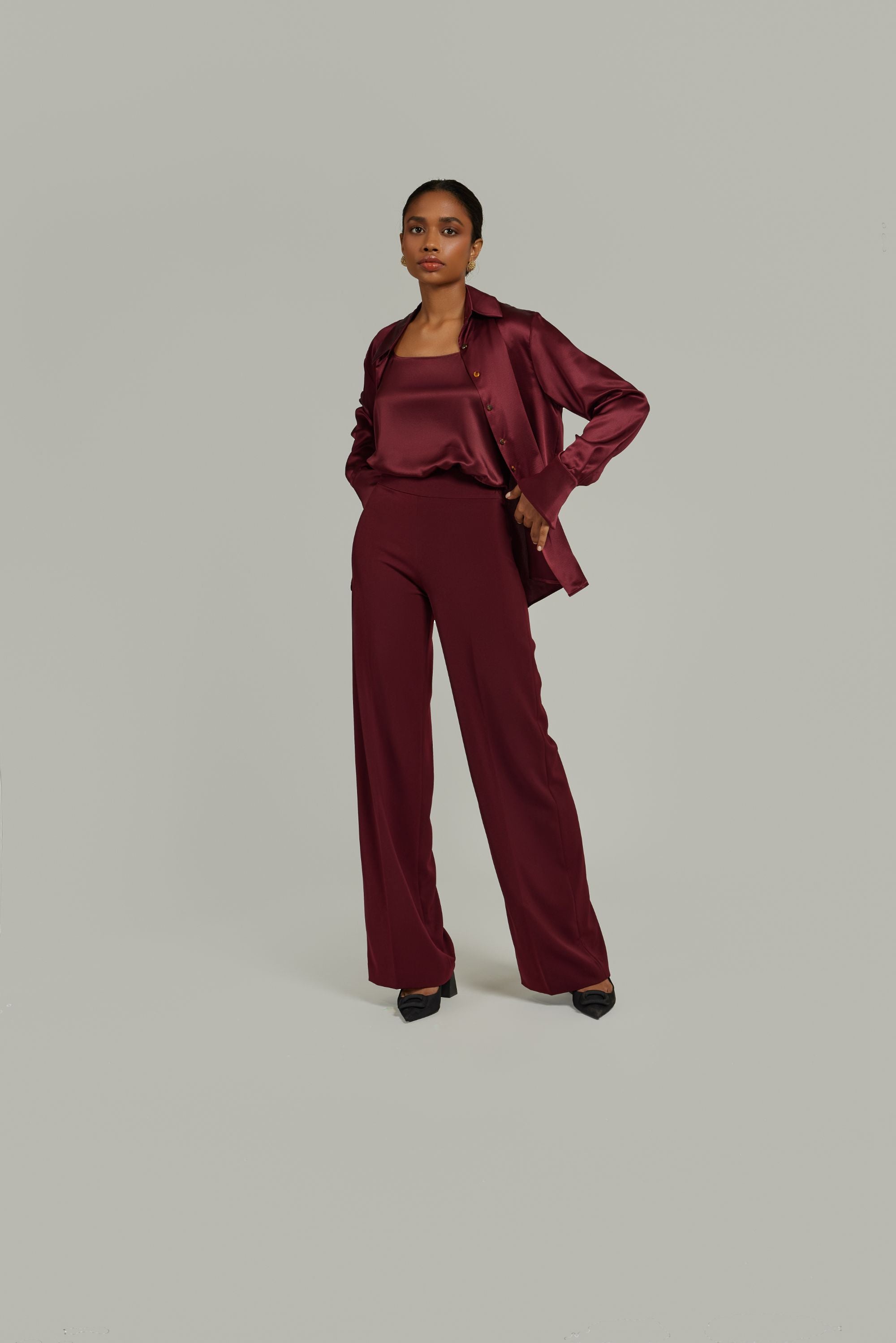 Burgundy Stretch Suiting
Wide-Leg Trousers