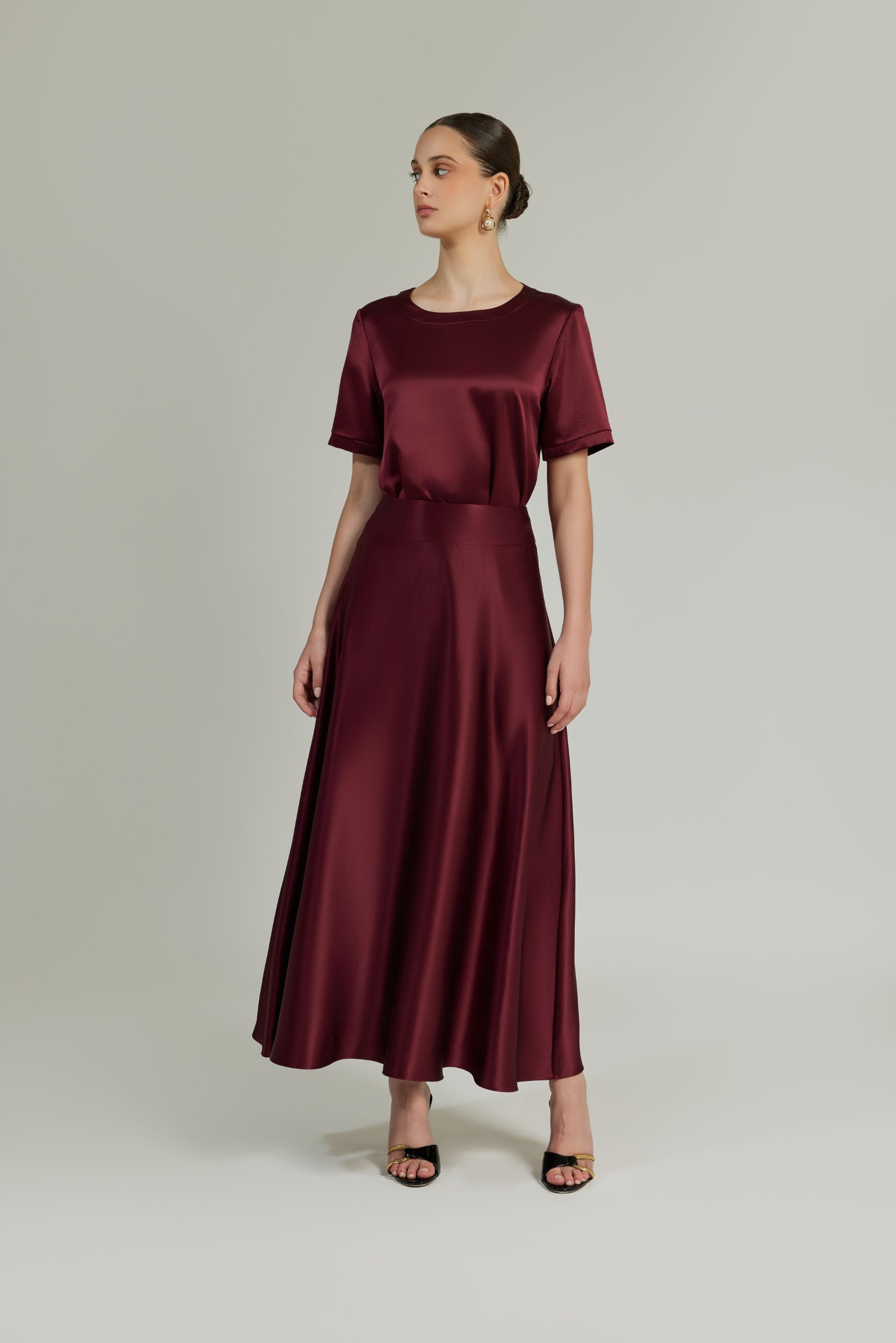 Burgundy Silk Long Skirt