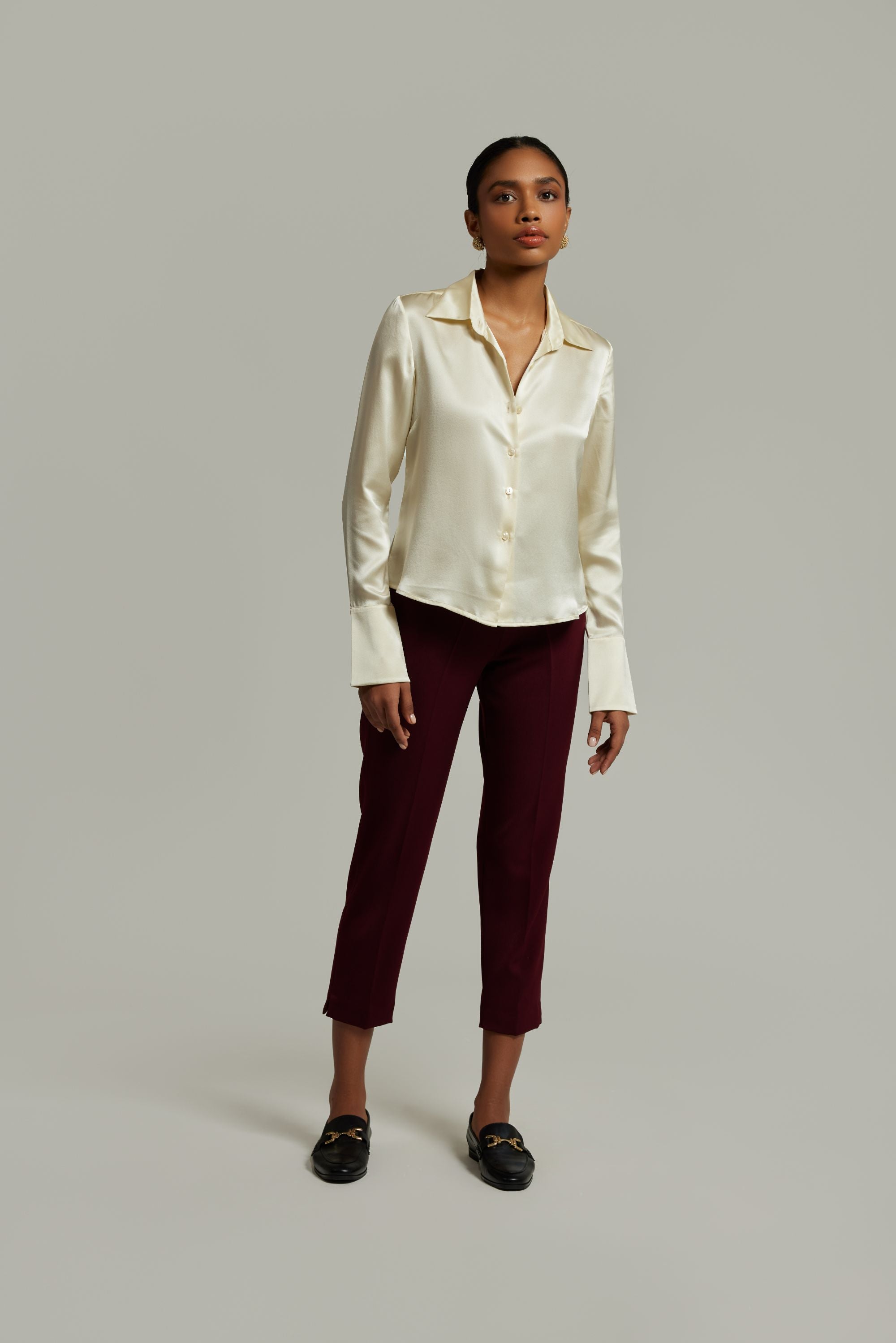 Cream Silk Long-Sleeved Shirt
