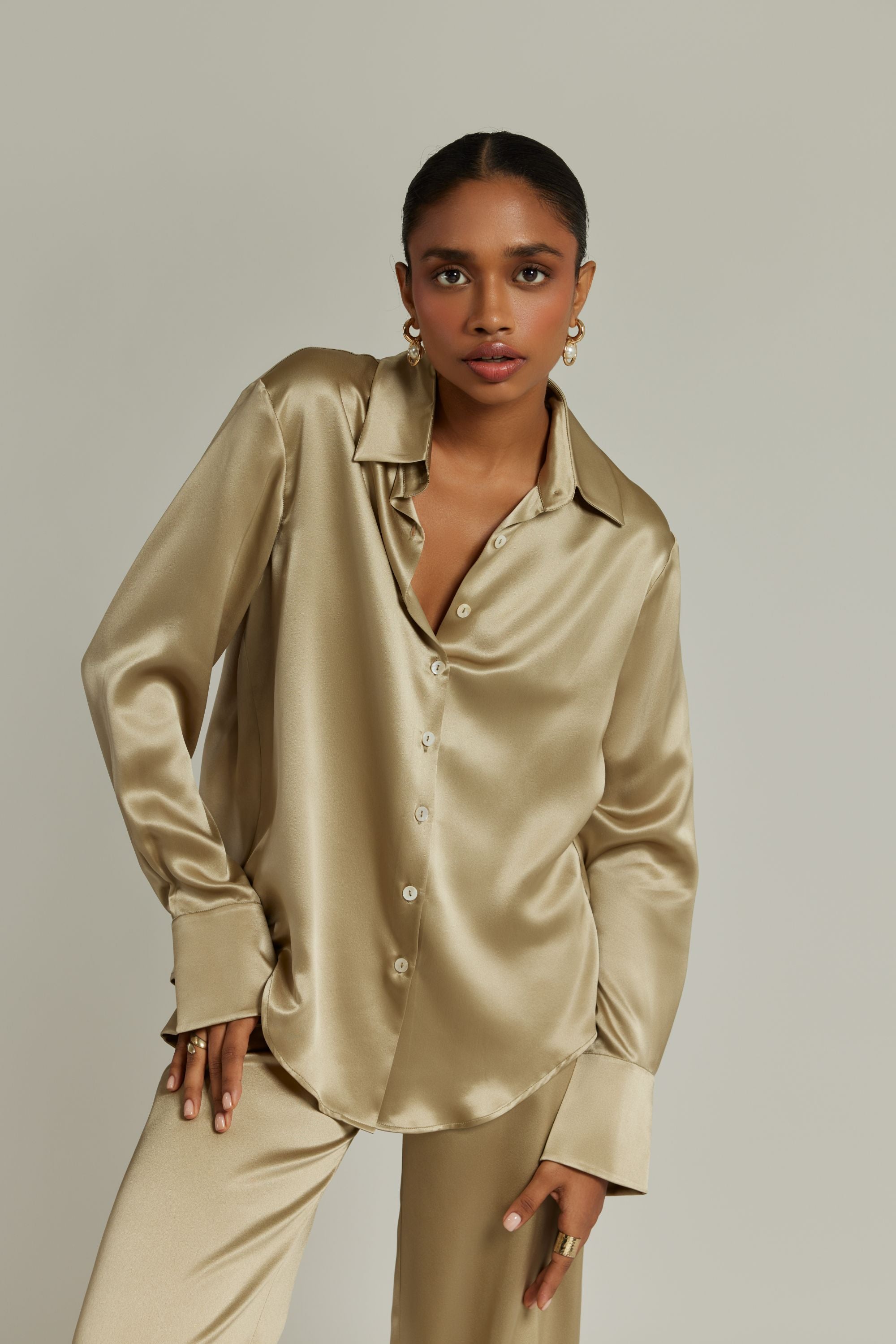 Olive Silk Oversized Shirt